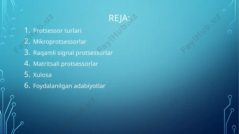 umumiy maqsadli kirish va chiqish protsessorlari (gpio) deb ataladi. mikrokontrollerlarning bir nechtasi microchip p1c16f877a, microchip atmega328, microchip p1c18f45k22, microchip p1c16f671 va microchip p1c16f1503. mikrokontroller raqamli signal protsessorlari raqamli signal protsessori analog va raqamli signallarni filtrlash, o'lchash, siqish uchun ishlatiladi. signalni qayta ishlash raqamli signallarni manipulyatsiya qilish va tahlil qilishni anglatadi. ushbu jarayon dastur tomonidan belgilangan integratsiya sxemalari, raqamli signal protsessorlari, maydonda dasturlashtiriladigan eshiklar majmuasi yordamida amalga oshirilishi mumkin yoki aniq signalga erishish uchun kompyuter bo'lishi mumkin. dsp-dagi protsessorlar shtrix-kod skanerlari, osiloskop, printerlar, mobil telefonlar uchun ishlatiladi. ushbu protsessorlar tezkor va real vaqtda ilovalar uchun qo'llaniladi. raqamli signal protsessorlari registrlar operandlarni alu ga etkazib berish va operatsiya natijasini saqlash uchun ko'rsatmalar va boshqa ma'lumotlarni saqlash uchun ishlatiladi. l2 va l1 kesh xotirasi protsessorning operativ xotiradan ma'lumotlarni olish uchun vaqtini tejaydi. dekod - bu protsessorning boshqa elementlaridan tushunish uchun ko'rsatmalarni tahrirlash mumkin bo'lgan jarayon bo'lib, ko'rsatmalar dekoder tomonidan bajariladigan operatsiya davom etishi …