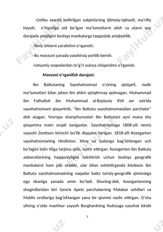 gan muxtasar tarjimasini chop etgan edi. gibb bu boradagi tadqiqotini davom ettirib, 1956-1971-yillar orasida asar tarjimasi va izohlarini nashrdan chiqardi.[footnoteref:5] [5: ibn battuta. sayohatnoma: mas’ul muharrir va muqaddima muallifi n. ibrohimov. t.:“sharq”, 25-bet. ] sharqda eng birinchi tarjimalardan muhammad sharifning turk tiliga qilgan tarjimasini ko‘rsatib o‘tish lozim. 1970-yili esa tehronda fors tilidagi tarjimasi nashr etildi. ibn battuta sayohatlari va undagi qimmatli ma’lumotlarga rossiyada ham katta qiziqish bilan qaraldi. 1841-yildayoq russkiy vestnik jurnalida “rossiya xorijliklar nazarida” rukni ostida ibn battuta sayohatlaridan parchalar tarjima qilib berilgan edi. oradan yigirma yil o‘tgach, v.tizengauzen qalamiga oid “oltin o‘rda tarixiga oid manbalar majuasi”da birinchi marta ibn battuta asaridan yirik-yirik parchalarning nisbatan aniq tarjimasi yuzaga keldi. ibn battuta sayohatnomasining dashti qipchoqqa oid qismi tatar tiliga tarjima qilingani ham diqqatga loyiqdir. arab tilining bilimdoni rizouddin ibn faxriddin qalamiga mansub bu tarjima 1917-yili orenburg-da alohida kitobcha holida nashr qilindi. ibn battuta sayohatnomasi xxi qadar ingliz, frantsuz, lotin, italyan, …