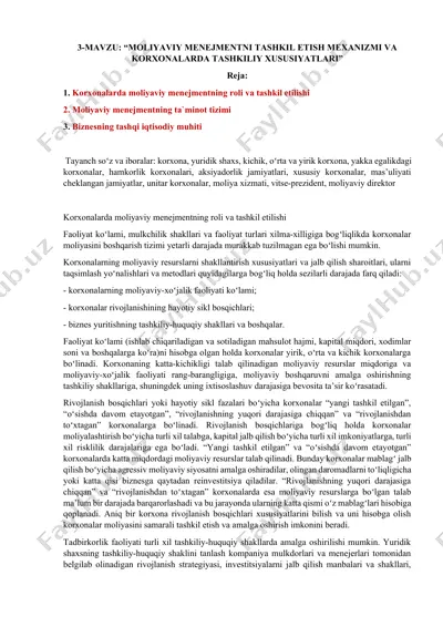 moliyaviy menejmentning korxonalarda tashkiliy xususiyatlari — DOCX