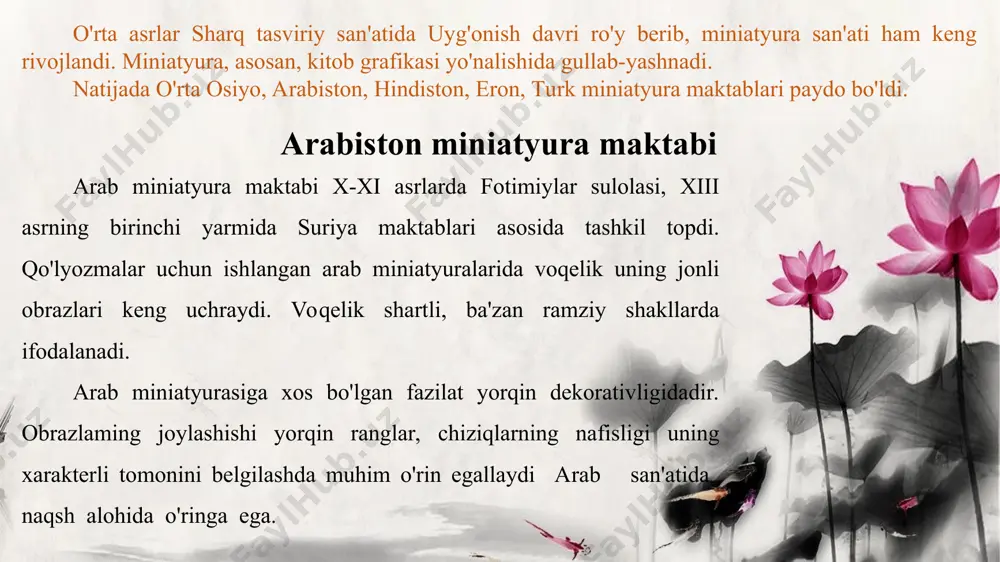 svinta, farruxbeklar edilar. eron miniatyura maktabi 42-rasm. abbosiy. "cho'pon" 1634 yil. sankt peterburg, gpb. eron miniatyura maktabining asosiy yo'nalishlaridan biri isfaxon maktabi, u xviii asr oxiri—xix asr boshlarida shakllangan. isfaxon maktabi asarlarida rangdorlik kam-dek tuyiladi, tasvir tagida esa zar-h ranglardan foydalanilgan. shakl-lar yirik, manzaralar aniq tasvir-lanib, kitobiy tasvirlar bilan bir-ga portretlar, janrli asarlar ham yaratilgan. eron miniatyura makta­bining mashhur rassomlaridan rizo abbosiy, muhammad qosim, muhammad yusuf, muhammad alilardir miniatyura maktabi yo'nalishiga i yevropa tasviriy san'ati o'z ta'sirini s ko'rsatib, asarlarda nasroniy dini mifologiyasi asosiy o 'rinni egallagan. bu muhammad zamon, al qulibek, jabadar ijodida ko’rinadi. rizo abbosiymng cho pon , yigit portreti" nomli asarlari juda mashhurdir. xix asr rassomlari o'z san'atlariga yevropa rangtasvirining badiiy va texnik usullarini singdirib isloh qildilar. isfaxonda yashab ijod etgan tabrizlik rassom sulton muhammad tomonidan ishlangan "payg'ambaming arshi a'loga chiqishi" deb nomlangan asarida, nizomiyning "xamsa" kitobiga ishlagan miniatyuralarda yevropa badiiy-texnik usullarini singdirilganini ko'rish mumkin. turk miniatyura …