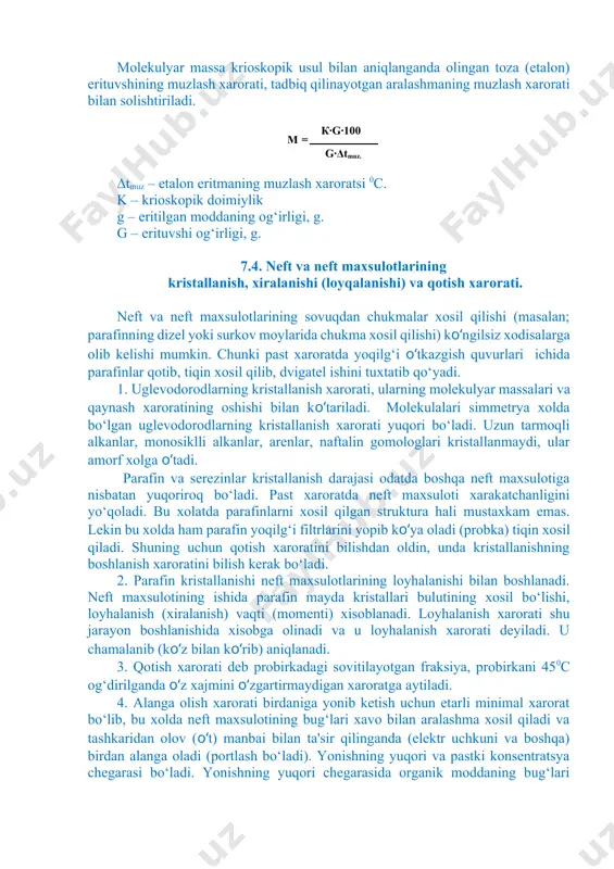 m emas. lekin bu xolda ham parafin yoqilg‘i filtrlarini yopib ko‘ya oladi (probka) tiqin xosil qiladi. shuning uchun qotish xaroratini bilishdan oldin, unda kristallanishning boshlanish xaroratini bilish kerak bo‘ladi. 2. parafin kristallanishi neft maxsulotlarining loyhalanishi bilan boshlanadi. neft maxsulotining ishida parafin mayda kristallari bulutining xosil bo‘lishi, loyhalanish (xiralanish) vaqti (momenti) xisoblanadi. loyhalanish xarorati shu jarayon boshlanishida xisobga olinadi va u loyhalanish xarorati deyiladi. u chamalanib (ko‘z bilan ko‘rib) aniqlanadi. 3. qotish xarorati deb probirkadagi sovitilayotgan fraksiya, probirkani 450c og‘dirilganda o‘z xajmini o‘zgartirmaydigan xaroratga aytiladi. 4. alanga olish xarorati birdaniga yonib ketish uchun etarli minimal xarorat bo‘lib, bu xolda neft maxsulotining bug‘lari xavo bilan aralashma xosil qiladi va tashkaridan olov (o‘t) manbai bilan ta'sir qilinganda (elektr uchkuni va boshqa) birdan alanga oladi (portlash bo‘ladi). yonishning yuqori va pastki konsentratsya chegarasi bo‘ladi. yonishning yuqori chegarasida organik moddaning bug‘lari konsentratsyasi maksimal bo‘lib, bunda yuqori konsentratsyali aralashmada kislorod etishmaganligi sababli yonish jarayoni bo‘lmaydi. yonishning …