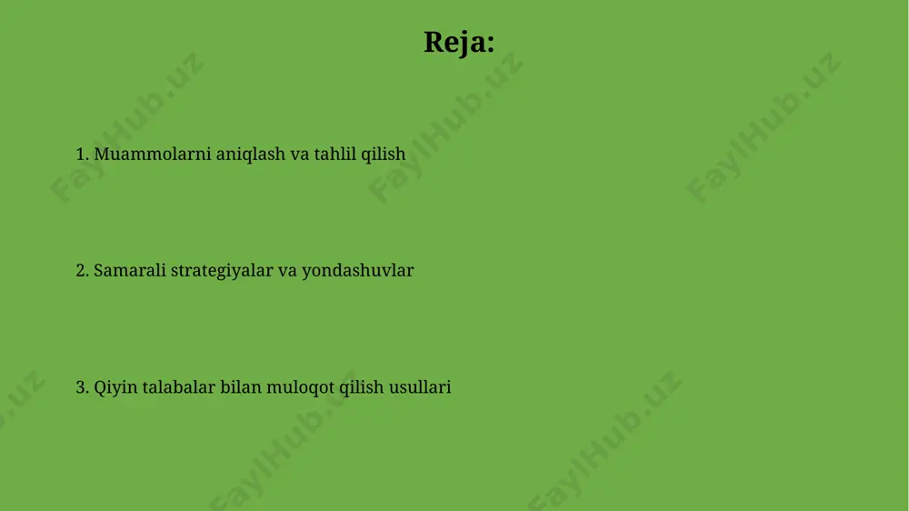 yat darajasini (boshlang‘ich, o‘rta, yuqori) ko‘rsatuvchi aniq maqsadlarni qo‘yish va ularning har biriga erishganliklari uchun alohida rag‘batlantirish tizimini joriy etish kerak. o‘quv jarayoniga o‘yin elementlarini (masalan, ball to‘plash, mukofotlar) qo‘shish orqali o‘quvchilarning faol ishtirokini ta’minlash va ularning ijobiy his-tuyg‘ularini 20% ga oshirish mumkin. shaxsiy yondashuv va individual reja shaxsiy yondashuv individual o'quv rejasini ishlab chiqishda o'quvchining kuchli va kuchsiz tomonlarini aniqlash, kamida 3 ta o'quv usulini qo'llash va o'quv natijalarini muntazam baholashni o'z ichiga oladi. samarali individual reja o'qituvchi va o'quvchi o'rtasidagi hamkorlikni, o'quv jarayonida kamida 5 ta turli baholovchi vositalardan foydalanishni va rejaning muntazam qayta ko'rib chiqilishini nazarda tutadi. aktiv tinglash va fikr almashish talaba bilan 10-15 minut davomida faol tinglash orqali, uning his-tuyg'ularini va muammosining ildizini aniqlash, konstruktiv yechim topishga yordam beradi. "men-xabarlari" texnikasini qo'llash orqali (masalan, "men sizning fikringizni tushunmayapman" deb aytish), konfliktlarni kamaytirish va o'zaro hurmatli muhit yaratish mumkin. empatiya va tushunish o'zaro munosabatlarda empatiya va …