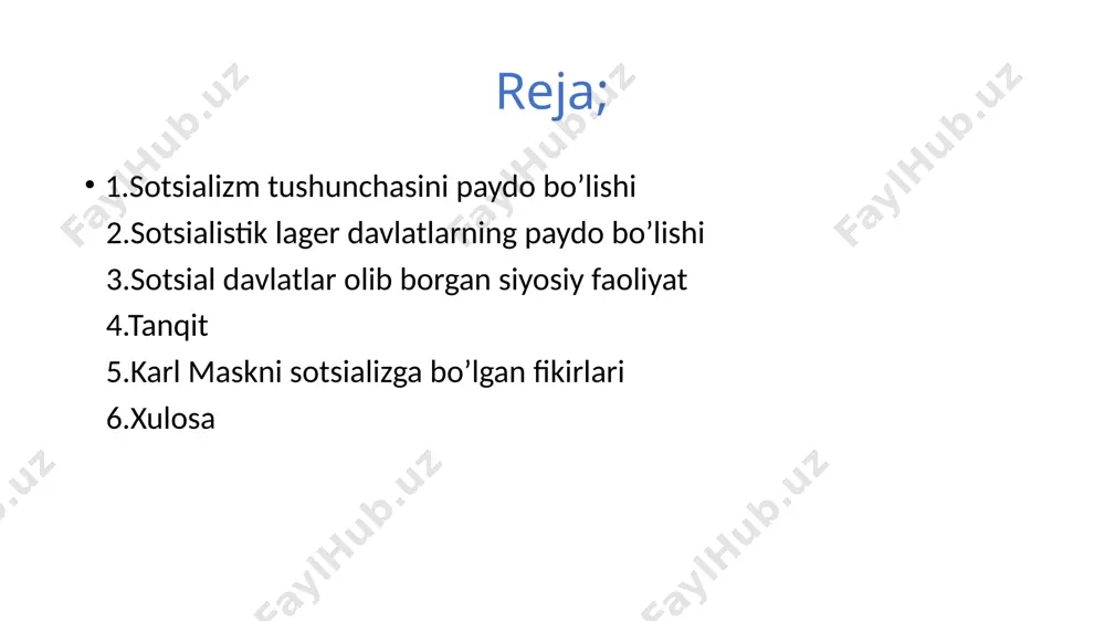 ilik, bozor iqtisodiyoti va raqobatga asoslanadi. sotsializm: davlat yoki jamiyat mulkchiligi, tenglikka erishish maqsadi. 6. sotsializmning afzalliklari va kamchiliklari afzalliklari: tenglikni oshirish, kambag’allikni kamaytirish, ijtimoiy xizmatlarning hamma uchun ochiqligi. kamchiliklari: iqtisodiy samaradorlikning pastligi, innovatsiyalarni sustligi ortiqcha davlat aralashuvi. 7.zamonaviy sotsializm bugungi kunda sotsialistik siyosiy partiyalar ko’p. xususan, skandinaviya davlatlari ijtimoiy ta’minot tizimlari bilan demokratik sotsializmga yaqin. kuba, xitoy kabi mamlakatlar turli darajadagi sotsialistik tuzumlarni saqlab qolgan. /docprops/thumbnail.jpeg