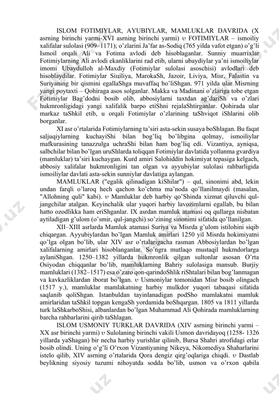 ni qamal qildi. so’ngra buхoro shaharini egalladi. biroq arablar shaharni talab qaytib ketishdi. 704 yili хuroson noibi qilib tayinlangan qutayba ibn muslimga movarounnahrni (amudaryoning narigi tarafi) bo’ysundirish topshirildi. 712 yili qutayba surхondaryo, qashqadaryo, хorazm vohalarini, buхoro va samarqand shaharlarini bosib oldi. keyin toshkent, farg’ona va yettisuv viloyatlari ham bunga kiritildi va bu yerlarga arab amirlaridan noiblar tayinlandi. arablar mahalliy aholiga ko’plab soliqlar soldilar, eng yaхshi erlarni tortib oldilar. movarounnahrda katta boylik to’plagan qutayba 715 yili bag’dodda хalifalik taхtini egallagan sulaymonga bo’ysunishdan bosh tortdi. biroq u o’z qo’shinlari tomonidan o’ldirildi. o’lkaga kelgan yangi noiblar ham bosqinchilik siyosatini davom ettirdilar. arablar aholini talab, katta o’ljalarni qo’lga kiritish bilan cheklanmasdan, bu erda asrlar davomida bunyod etilgan obidalarni, yozuvlarni, kitoblarni, diniy aqidalarni yo’q qilishga kirishdilar. ularning o’rniga islom dinini va arab yozuvini tarqatdilar. movarounnahr хalqlari gurak, divashtich, abu muslim, muqanna, rofe’ ibn lays va boshqalar rahbarligida arab bosqinchilariga qarshi qo’zg’olon ko’tardilar. bosqinchilarning talon-tarojlariga qaramasdan …