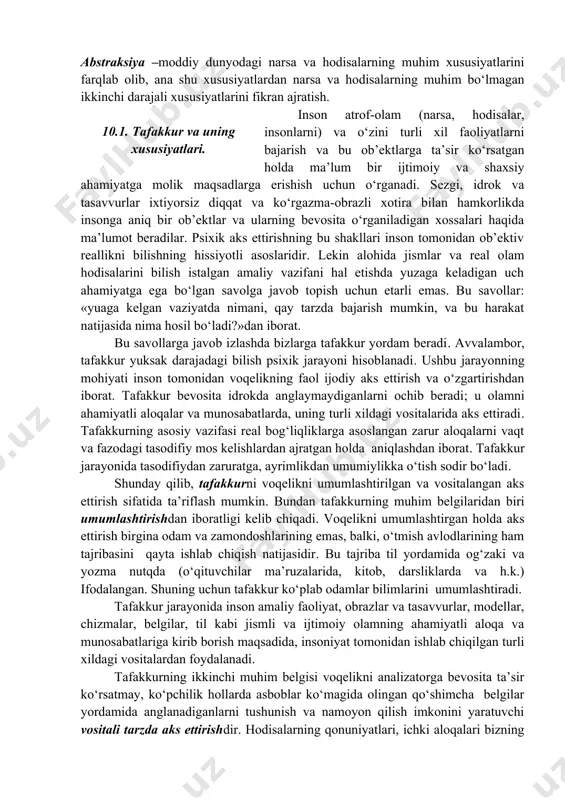 da ma’lum bir ijtimoiy va shaxsiy ahamiyatga molik maqsadlarga erishish uchun o‘rganadi. sezgi, idrok va tasavvurlar ixtiyorsiz diqqat va ko‘rgazma-obrazli xotira bilan hamkorlikda insonga aniq bir ob’ektlar va ularning bevosita o‘rganiladigan xossalari haqida ma’lumot beradilar. psixik aks ettirishning bu shakllari inson tomonidan ob’ektiv reallikni bilishning hissiyotli asoslaridir. lekin alohida jismlar va real olam hodisalarini bilish istalgan amaliy vazifani hal etishda yuzaga keladigan uch ahamiyatga ega bo‘lgan savolga javob topish uchun etarli emas. bu savollar: «yuaga kelgan vaziyatda nimani, qay tarzda bajarish mumkin, va bu harakat natijasida nima hosil bo‘ladi?»dan iborat. bu savollarga javob izlashda bizlarga tafakkur yordam beradi. avvalambor, tafakkur yuksak darajadagi bilish psixik jarayoni hisoblanadi. ushbu jarayonning mohiyati inson tomonidan voqelikning faol ijodiy aks ettirish va o‘zgartirishdan iborat. tafakkur bevosita idrokda anglaymaydiganlarni ochib beradi; u olamni ahamiyatli aloqalar va munosabatlarda, uning turli xildagi vositalarida aks ettiradi. tafakkurning asosiy vazifasi real bog‘liqliklarga asoslangan zarur aloqalarni vaqt va fazodagi tasodifiy mos …