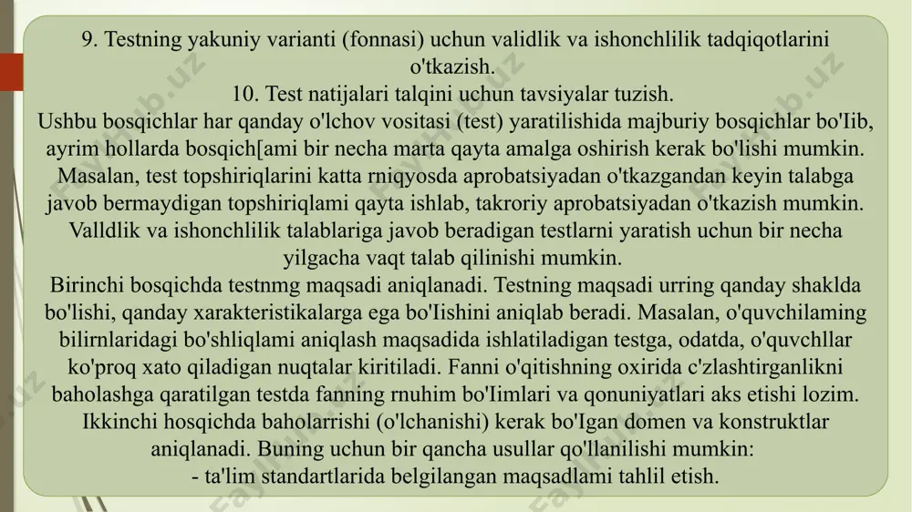 ar chiqarish bo'yicha tavsiyalar tuziladi.iqlash maqsadida o'tkaziladigan jarayon. yopiq test topshiriqlarini yaratish demak, testning maqsadi, test orqali o'lchanishi lozimn bo'lgan domen va konstruktlar aniqlab olingandan keyin test spetsifikatsiyasi yaratiladi va bu spetsifikatsiya asosida testtopshinqlari yoziladi. testda ishlansh mumkin bo'lgan test topshinqlari turlaridan biri - yopiq test topshiriqlari, ya 'ni test topshiruvchidan to'g'ri javobni berilgan muqobil javob variantlan ichidan tanlashini talab qiladigan test topshinqlari. bunday test topshinqlarirring eng katta afzalligi test natijalanni maxsus qunlmalar yordamida tez qayta ishlash hamda tekshirishda subyektivlikni yo'qotish imkonini berishidir. yopiq test topshinqlari samarali bo'lishi, o'z vazifasmi bajarishi va validlik talablariga javob berishi uchun ulami tuzrshda bir qancha qoidalarga rioya qilirnshi lozim. testologiya talablariga muvofiq, to'g'ri tuzilgan yopiq test topshiriqlari tekshirilishi kerak bo'lgan domenni keng va har tomonlarna qamrab olish rmkonirri beradi, nafaqat ma'iumotru bilish (eslash) va qo'llashni, balki yuqori darajadagi kogmtiv ko'rnkmalarm ham tekshinshi mumkin. shu bilan birga, bun day test topshiriqlari yordamida yuqori darajadagi kognitiv …