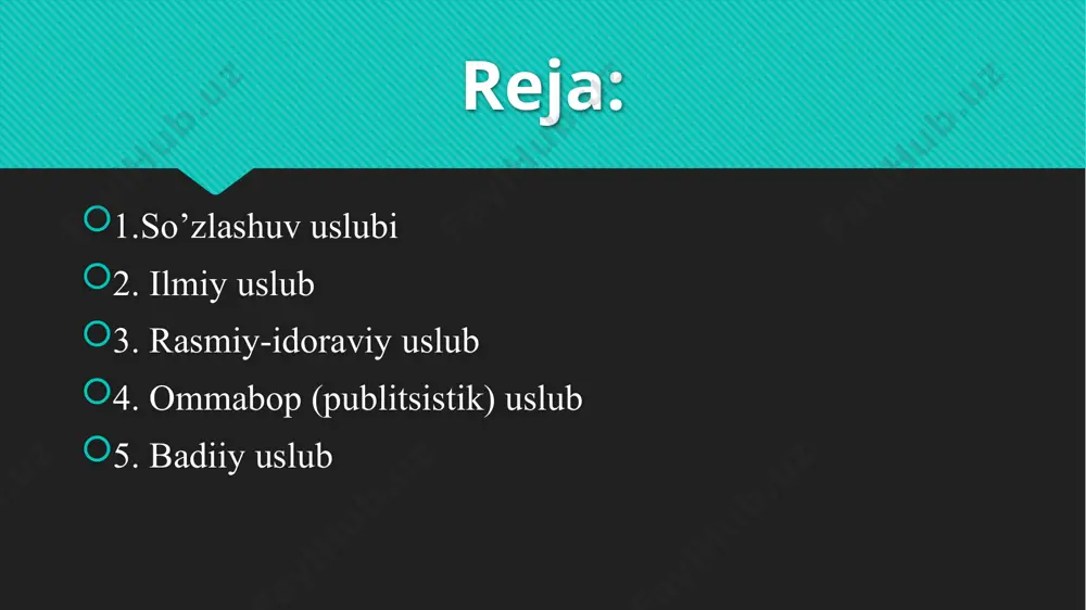 slub davlat idoralari tomonidan chiqariladigan qarorlar, qonunlar, nizomlar, xalqaro hujjatlar rasmiy-idoraviy uslubda yoziladi. ariza, tilxat, ma'lumotnoma, chaqiruv qog’ozi, taklifnoma, shartnoma, tarjimai hol, e'lon, tavsifnoma, dalolatnoma, hisobot kabilar ham shu uslubda yoziladi. bunday uslubdagi hujjatlar qisqa, aniq, barcha uchun tushunarli qilib tuziladi. bu uslubning asosiy bеlgisi: jumlalarning bir qolipda, bir xil shaklda bo’lishi. bu uslubda ham so’zlar o’z ma'nosida qo’llanadi, ko’pchilikka ma'lum bo’lgan ayrim qisqartma so’zlar ishlatiladi, har bir sohaning o’ziga xos atamalaridan foydalaniladi. rasmiy-idoraviy uslubda ko’pincha darak gaplardan, qaror, buyruq, ko’rsatma kabilarda esa buyruq gaplardan ham foydalaniladi. bu uslubda gap bo’laklarining odatdagi tartibda bo’lishiga rioya qilinadi: o’z lavozimini suiistе'mol qilganligi uchun m.ahmеdovga hayfsan e'lon qilinsin. 4. ommabop (publitsistik) uslub tashviqot-targ’ibot ishlarni olib borishda qo’llanadigan uslub, ya'ni matbuot uslubi ommabop uslub hisoblanadi. bu uslubda ijtimoiy-siyosiy so’zlar ko’p qo’llanadi. nutq ta'sirchan bo’lishi uchun ta'sirchan so’z va birikmalardan, maqol va hikmatli so’zlardan ham foydalaniladi. bunday uslubda gap bo’laklari odatdagi tartibda bo’ladi, kеsimlar buyruq …