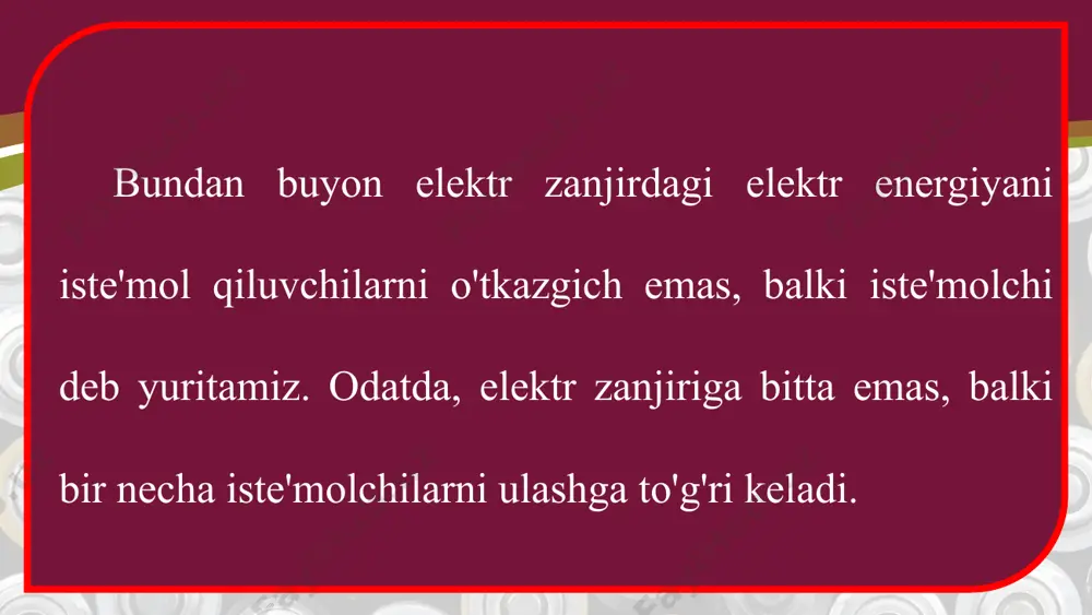 liklarning o'ng tomonlarini tenglashtiramiz; ir=i(ri+r2), bundan to'liq qarshilikni aniqlaymiz: r=r1 + r2. (7) agar zanjirga n ta lampochka ketma-ket ulansa, u holda zanjirdagi o'tkazgichlarning to'liq qarshiligi quyidagicha bo'ladi: r=r1+r2+r3+...+rn. (8) iste'molchilar ketma-ket ulanganda, zanjirdagi to'liq qarshllik har bir iste'molchi qarshiliklari yig'indisiga teng bo'ladi. siz archaga osib qo'yiladigan lampochkalar shodasini ko'rgansiz. masalan, har bin u1 = 3 v ga mo'ljallangan n=75 ta lampochka ketma-ket ulangan bo'lsa, bunday zanjirga u=nu1=75-3 v=225 v gacha kuchlanish berish mumkin. shuning uchun bunday ketma-ket ulangan lampochkalar shodasini 220 v li elektr tarmoqqa to'g'ridan to'g'ri ulash mumkin. agar ketma-ket ulangan lampochkalar shodasidan birortasi olib qo'yilsa yoki kuyib qolsa, boshqa barcha lampochkalar yonmaydi. chunki bu holda zanjir shu joy (kuygan lampochka) da uzilgan bo'ladi. masala yechish namunasi qarshiliklari 1 q, 2 q va 3 q bo'lgan uchta o'tkazgich ketma-ket ulangan bo'lib, ulardan 1 a tok o'tmoqda. har bir o'tkazgichdagi kuchlanishni, zanjirning to'liq qarshiligini va to'liq kuchlanishini toping. iste'molchilar …