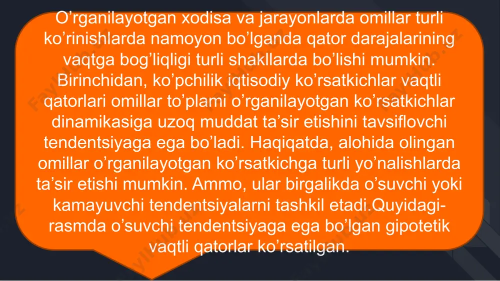 va e kompnentalarning qiymatlarini hisoblashga olib keladi.modelni tuzish jarayoni bir necha bosqichdan iborat: 1. berilgan qatorni sirg’anchiq o’rtacha usul bilan tekslash; 2. s – mavsumiy komponentaning qiymatini hisoblash; 3. qator tenglamasidan mavsumiy komponentalarni chiqarib tashlash va additiv modelda (t+e) yoki multiplikativ modelda (t·e) tekslangan qiymatlarni topish; 4. (t+e) yoki (t·e) darajalarni analitik tekslash va hosil bo’lgan trend tenglamasini qo’llab t ning qiymatlarini hisoblash; 5. hosil bo’lgan modelda (t+e) yoki (t·e)ning qiymatlarini hisoblash; 6. mutloq va yoki nisbiy xatoliklarni hisoblash. e'tiboringiz uchun rahmat image1.jpeg image2.jpeg image3.jpeg