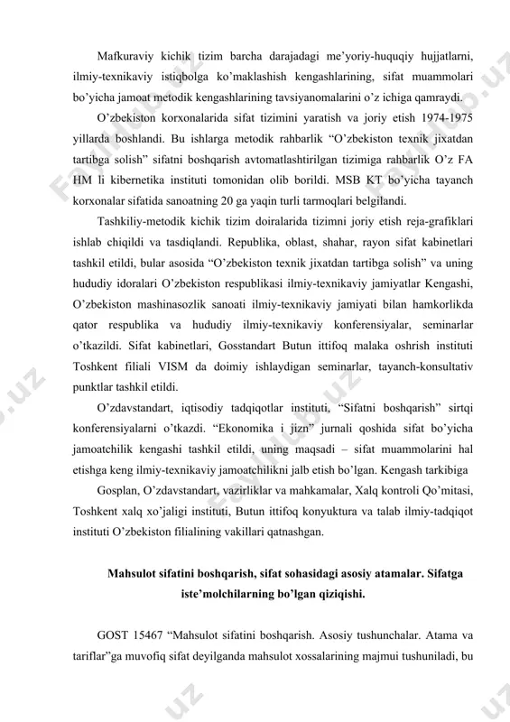 ing muayyan ehtiyojlarni qondirishga yaroqliligini ta`minlaydi. standartlashtirish bo’yicha xalqaro tashkilotning (iso8402 standarti) talqin etishiga ko’ra sifat – mahsulot yoki xizmatlarning xossalari va tavsiflarining majmui bo’lib, ular ushbu mahsulot yoki xizmatlarga ular qondirishi shart bo’lgan yoki kutilayotgan ehtiyojlarni qondirish qobiliyatini baxshida etadi. mahsulot sifatining mohiyatini yanada to’laroq tavsiflash uchun u bilan bog’liq quyidagi tushunchalarni aniqlash zarur: mahsulotning texnik darajasi; sifat halqasi; sifat ko’rsatkichlari; tovarning raqobatbardoshligi. mahsulotning texnik darajasi – mahsulot sifatining nisbiy tavsifi bo’lib, baholanayotgan mahsulotning texnik jihatdan mukammalligini tavsiflovchi ko’rsatkichlarning qiymatlarini tegishli bazaviy ko’rsatkichlarning qiymatlari bilan solishtirishga asoslangan. mahsulotning texnik darajasi mahsulot sifatining tarkibiy qismi hisoblanadi, turli ko’rsat-kichlarda aks ettiriladi va original konstruktorlik echimlarni qo’llash, yangi materiallardan foydalanish, ishlab chiqarishning ilg’or texnologik jarayonlarini joriy etish va ishlab chiqarilayotgan mahsulot sifatini nazorat qilish natijasida oshiriladi. sifat halqasi – mahsulotning hayot sikli, sifatni boshqarishni amalga oshiradigan quyidagi bosqichlarni o’z ichiga oladi: marketing, bozorni izlash va o’rganish, texnik talablarni loyihalash va ishlab chiqish, …