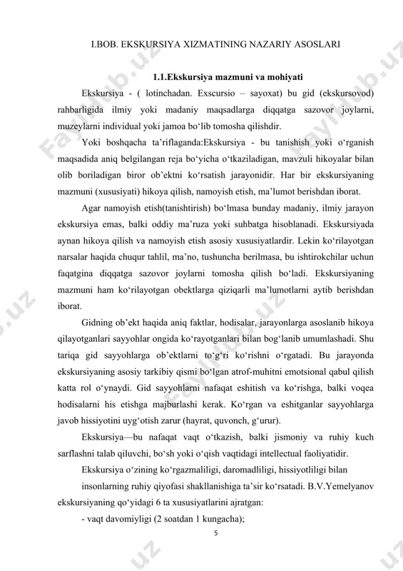 arini tanlashda va “gid portfeli”ni yaratishda muhim rol o‘ynaydi. lekin ekskursiyaning eng asosiy xususiyatlari uni o‘tkazishda ekskursiya uslublaridan foydalanishdir, ya’ni namoyish va hikoya qilishning uyg‘unligidadir(bir-birini to‘ldirish). 1.1.a-rasm. ekskursiya xizmati jarayoni vazifalari funksiya– birorbir ob’ektning tashqinamoyonbo‘lishi, korxonaning ishlashshaklidir. «funksiya» so‘zi lotinchadan olingan «bajarish, amalgaoshirish, faoliyatdoirasi, ma’suliyat, rol» deganma’nolarni o’zida mujassamlashtiradi. ilmiy-targ‘ibot funksiyasi. ekskursiya xizmati ekskursantlarda siyosiy, falsafiy, ilmiy, badiiy qarashlar, g‘oyalar, nazariyalarning shakllanishiga yordam beradi. targ‘ibot funksiyasini bajarishda ekskursiya xizmati aniq yo‘nalishga ega bo‘lishi kerak. uning negizida targ‘ibot, ilmiylik, g‘oyaviylik, hayot bilan bog‘liqlik, daromadlilik va ishonarlilik tamoyillari turadi. bu tamoyillar targ‘ibot mohiyatini, undagi asosiy maqsadni ajratishga imkon beradi, shuning uchun ularni o‘zaro bog‘liqlikda ko‘rib chiqish muhim ahamiyat kasb etadi. nazariyaning amaliyot bilan bog‘liqligitamoyili.ekskursiya xizmati ma’lumotlari hayotga, haqiqatga, mamlakatimizdagi iqtisodiy, siyosiy va madaniy bunyodkorlik ishlariga va boshqa o‘zgarishlarga bog‘liq bo‘lishi kerak. haqqoniy ma’lumotlarning bayoni tarixiy va boshqa jarayonlar negizida turuvchi qonunlarni hisobga olib, umumlashtirilishi va xulosa qilinishi lozim. hikoya qilinayotgan ma’lumotni hozirgi …