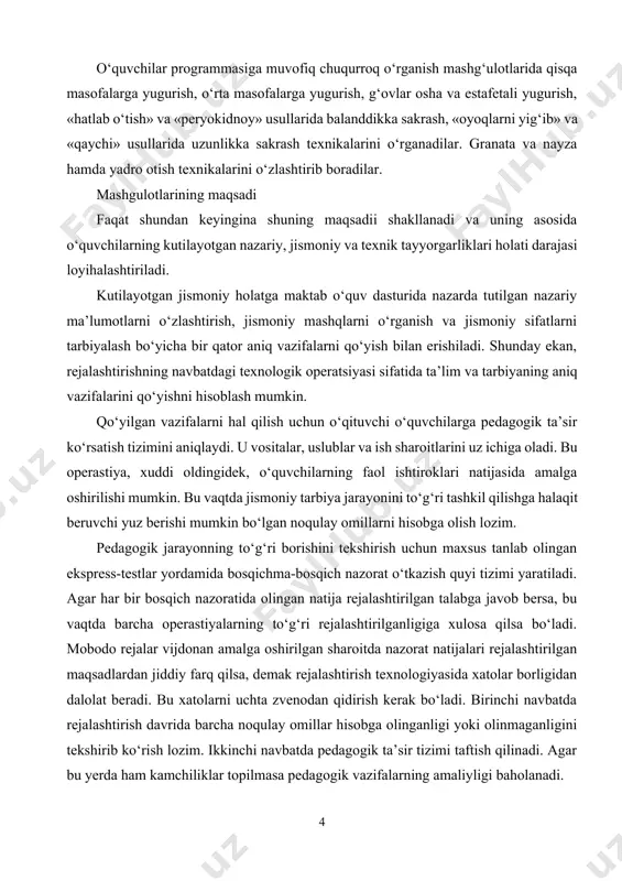 rilmasligiga sabab bulganligiga o‘qituvchi qat’iy ishonsa, zarur choralar ko‘riladi va boshqa zvenolar tekshirilmaydi. odatda o‘qituvchi faoliyatining birinchi yillarida rejalashtirish texnologiyasining turli operastiyalarida yo‘l qo‘yilgan ko‘zga tashlanib turmaydigan xatolar umumlashgan holda ishning natijasiga jiddiy ta’sir ko‘rsatadi. shuning uchun yosh o‘qituvchilar o‘zining barcha faoliyatini doimiy tahlil qilishlari. o”zlari uchun talabchan qozi bo‘lishlari kerak. bu kelajakda muvaffakiyat garovidir. rejalashtirish yakuniy hisobga olish bilan tugallanadi. hisobga olish natijasida olingan ma’lumotlar kelgusi stikl (darslar seriyasi, o‘quv choragi, o‘quv yili)ni rejalashtirish uchun asos qilib olinadi. mashgulotlarining tuzulishi mashg‘ulotning tuzilishi, shakllari va mazmuni. hamma yengil atletikachilar uchun mashg‘ulot protsessining asosiy tashkiliy shakli gruppa bo‘lib, individual 2 soat yoki undan ko‘proq davom etadigan trenirovka mashg‘uloti o‘tkazishdir. ozroq davom etadigan mashg‘ulotlar bo‘lishi ham mumkin. asosiy mashg‘ulotlarni har kuni ko‘p kuch ketmaydigan ertalabki trenirovka mashg‘ulotlarini to‘ldiruvchi uy vazifalarini esa kunning boshqa vaqtida bajarish mumkin. mashg‘ulotlarning hamma shakllarida quyidagi asosiy qoidalarga rioya qilish kerak. mashg‘ulotni asta-sekin boshlab, keyin asosiy ish o‘tkaziladi. …