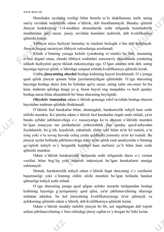 sodir etilishi mumkin. ko`pincha odam o`ldirish faol harakatlar orqali sodir etiladi, ya'ni bunda aybdor jabrlanuvchiga o`z xususiyatiga ko`ra shaxsni o`ldirishi mumkin bo`lgan muayyan tan jarohatlarini yetkazishdek (har qanday qurol-ashyodan foydalanish, bo`g`ish, kuydirish, zaharlash, elektr toki bilan ta'sir ko`rsatish, o`ta issiq yoki o`ta sovuq havoda ochiq yerda qoldirish) jismoniy ta'sir ko`rsatadi. bu jinoyat ayrim hollarda jabrlanuvchiga ruhiy ta'sir qilish (sud amaliyotida o`limning qo`rqitish tufayli ro`y berganlik holatlari ham ma'lum) yo`li bilan ham sodir qilinishi mumkin. odam o`ldirish harakatsizlik natijasida sodir etilganida shaxs o`z xizmat vazifasi bilan bog`liq yoki bajarish imkoniyati bo`lgan harakatlarni amalga oshirmaydi. demak, harakatsizlik tufayli odam o`ldirish faqat shaxsning o`z vazifasini bajarmasligi yoki o`limning oldini olishi mumkin bo`lgan hollarda harakat qilmasligi tufayli sodir etiladi. o`zga shaxsning joniga qasd qilgan aybdor nazarda tutilganidan boshqa kishining hayotiga g`ayriqonuniy qasd qilsa, ya'ni jabrlanuvchining shaxsiga nisbatan adashsa, bu hol jinoyatning kvalifikatsiyasiga ta'sir qilmaydi va aybdorning qilmishi odam o`ldirish, deb kvalifikatsiya qilinishi lozim. odam …