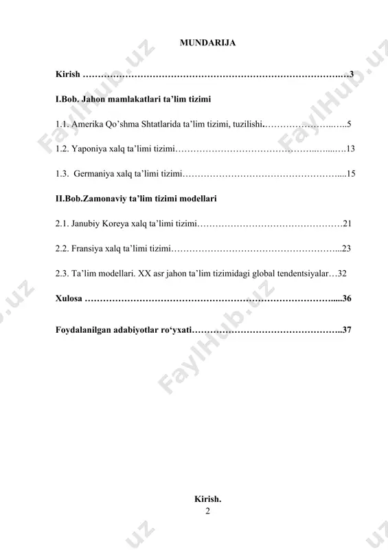 malar chop etildi, unga bag'ishlab seminarlar, anjumanlar, o'qishlar, uchrashuvlar o'tkazildi. bu bizning ta lim tizimimizda, chet ellarda o'quv-tarbiya ishlarining yo'lga qo'yilishiga e'tibor va qiziqishning tez sur'atlar bilan o'sib borayotganligidan dalolatdir. xalq ta'limi tizimlarida jahon ta'lim tizimini o'rganish bilan shug'illanuvchi muassasalar xam tashkil topmoqda. jahon ta'limi tizimlaridan bizning mutaxassislarni voqif qilishda bmtning o'zbekistondagi vakolatxonasi, elchixonalar, aqshning tinchlik korpusi mutaxassislari, germaniya xalqaro rivojlanish fondi, aksels markazi, adenauer jamg'armasi, fransiya madaniyat markazi, britaniya kengashi, gyote instituti, yunesko va yunisefning vakolatxonalari va boshqa ko'plab tashkilotlar yaqindan yordam bermoqdalar. darhaqiqat, rivojlangan xorijiy davlatlarda ta'limning, mamlakat ichki siyosatiga faol tasir etadigan ijtimoiy jarayon ekanligi, e'tirof qilingan haqiqatdir. shu tufayli ham chet mamlakatlarida maktab ehtiyojini iqtisodiy taminlashga ajratilayotgan mablag' miqdori yildan-yilga oshib bormoqda. rivojlangan mamlakatlarda pedagogik tadqiqotlarni amalga oshiradigan ko'p sonli ilmiy muassasalar ishlab turibdi. germaniyada ularning soni 2 mingdan ortiq. fransiya, aqsh, yaponiya talim-tarbiya nazariyasi muammolari bilan yuzlab davlat va xususiy tashkilotlar, universitetlar, pedagogik tadqiqot markazlari …