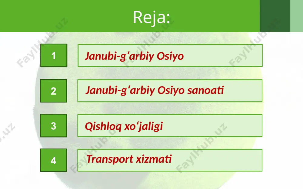 blanadigan temiryo‘l transporti, asosan, turkiya, eron, kavkazorti respublikalari uchun ahamiyatli. janubi-g‘arbiy osiyo mamlakatlari iqtisodiy rivojlanish xususiyatlariga ko‘ra ko‘p tarmoqli va tor ixtisosli mamlakatlar guruhlariga bo‘linadi. ko‘p tarmoqli mamlakatlar guruhi mintaqaning shimoli va shimoli-g‘arbida joylashgan turkiya, isroil, eron, livan, kipr, suriya, iroq hamda kavkazorti respublikalaridan tashkil topgan. image2.jpg image3.jpeg image4.jpeg image5.jpeg image6.jpeg image7.jpeg image8.jpeg image9.jpeg image10.png image11.png image12.jpeg image13.jpeg image14.jpeg image15.png image16.jpeg image17.jpeg image18.jpeg image19.jpeg image20.jpeg image21.jpeg image22.jpeg image23.jpeg image24.jpeg image25.jpeg image26.jpeg image27.jpeg image1.jpg