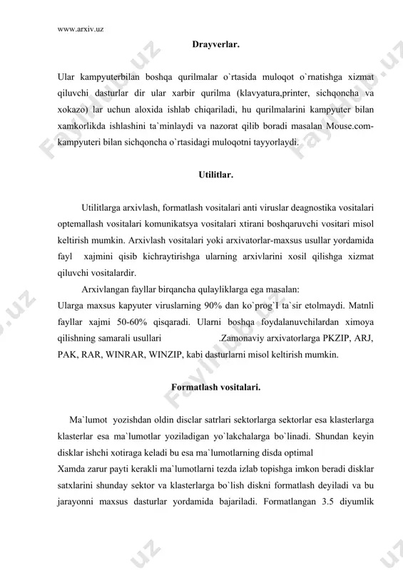 i. · ekranda natija o`rnida turli belgilar paydo bo`lishi. · chaqirilgan fayllar umuman ishga tushmasligi. · kampyuter xotirasida begona fayllarning paydo bo`lishi. virus dasturlarni guruxlarga bo`lish mumkin. 1. oddiy fayilli dasturlar fayillar bilan birga kompyuter hotirasiga kelib tushuvchi va shu fayil ishga tushirilgandagina o`z faoliyatini boshqaruvchi viruslar. 2. rezident fayilli dasturlar chaqirilgan fayil bilan birga kompyuterning tezkor hotirasiga kelib tushuvchi va kompyuterning keyingi ishi davomida tezkor hotirada qolib tezkor hotiraga chaqirilgan barcha fayllarni zararlovchi viruslar. 3. yuklovchi sektor viruslarri disklar yoki disketalarning yuklovchi sektorlarini ishdan chiqarishga mo`ljallangan ya`ni shu sektorda joylashgan sistema dasturlarini zararlovchi viruslar. 4. “chuvalchang” viruslari boshqa dasturlarini zararlamaydi biroq o`z o`zidan nusxa olib ko`payuvchi viruslar ularning ishi natijasida kampyuter xotirasi virus dastur nusxalari bilan to`lib qoladi kampyterning ishlash samaradorligini keskin pasaytiradi. antiviruslar. virus dasturlarini izlab topuvchi va ularni zararsizlantiruvchi dasturiy vositalardir. ular o`zlarining ish usullariga va imkonyatlariga ko`ra guruxlarga bo`linadi: · detektor dasturlar va doktor dasturlar. ular …