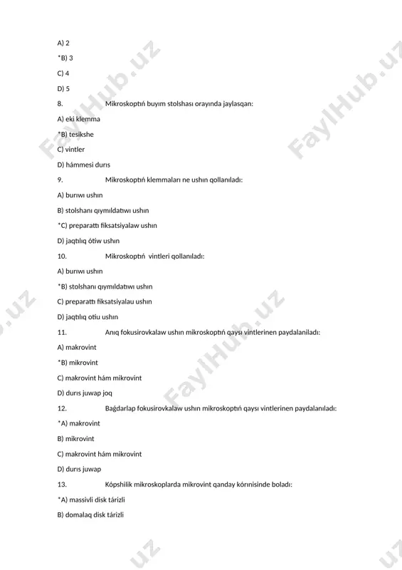 lik mikroskoplarda mikrovint qanday kórınisinde boladı: *a) massivli disk tárizli b) domalaq disk tárizli c) jinishke disk tárizinde d) hámmesi durıs 14. ayna júzinin tárepleri qanday boladı: *a) batıq hám tegis b) batıq hám oval c) domalaq hám oval d) tegis hám oval 15. xanada jaqtılıq kúshsiz bolsa mikroskop aynasınıń qaysı tárepinen padalanıladı: *a) batıq b) tegis c) oval d) domalaq 16. xanada jaqtılıq jeterli bolsa mikroskop aynasınıń qaysı tárepinen padalanıladı: a) batıq *b) tegis c) oval d) domalaq 17. mikroskopta kondensor jerde jaylasqan: a) makrovinttiń qasında b) tiykarda *c) buyım stolshası astında d)diagramma qasında 18. mikroskoptıń kondensorı neden turadı: a) plastinkalardan *b) lınzalardan c) aynalardan d) a hám b 19. mikroskoptıń kondensorın túsirgen waqtında, jaqtılıq: a) kúsheyedi *b) azayadı c) ózgermeydi d) bir sızıqlı bolıp túsedi 20. mikroskoptıń kondensorın kótergen waqtında, jaqtılıq: *a) kúsheyedi b) azayadı c) ózgermeydi d) bir sızıqlı bolıp túsedi 21. mikroskop kondensorınıń jaqtılıq dárejesi retlenedi: …