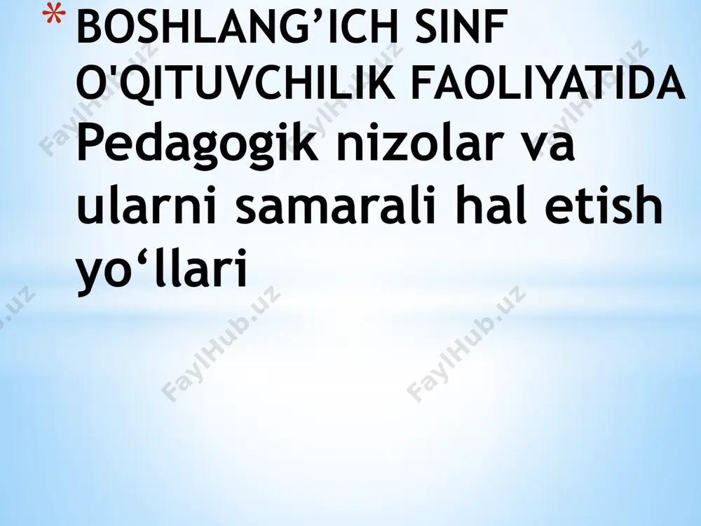 yondashib tanishib chiqishi kerak. ayrim bolalar qobiliyatli, har tomonlama etuk faol bo‘lishiga, ayrimlarining qobiliyati sust, layoqatsiz, ayrimlari serjahil bo‘ladilar. guruh rahbarining asosiy vazifasi o‘ziga biriktirilgan guruhdagi bolalarga tarbiyaviy ta’sirini tashkil etishi lozim. sinf rahbari o‘quvchilarga kompleks yondashishi lozim. sinf rahbari ota-onalar bilan hamkorlikda bo‘lib, bolalarning bilim darajasi qay darajada ekanini, ularning axloq-odobi, yutuqlari va kamchiliklari ularning tarbiyasi bilan shug‘ullanadi o‘qituvchi tomonidan shularga e’tibor berilsa, pedagog bilan o‘quvchi o‘rtasida nizo paydo bo‘lishni bartaraf etadi. o‘quvchi-bilan o‘qituvchi o‘rtasida kontakt ya’ni masofa bo‘lishi lozim. o‘quvchi o‘qituvchisiga nisbatan hurmat, ehtiromli bo‘lishi, kerak. nizo fani, pedagogika, psixoliya, va mologiya, ma’naviyat va sotsiologiya fanlari bilan chambarchas bog‘liqdir va shu fanlar bilan birgalikda hamkorlikda ish olib boradi. o‘quvchilarni har tomonlama tarbiyalaydi. nizo fani shu fanlar bilan birgalikda o‘qituvchi bilan o‘quvchi o‘rtasida munosabatlarni, muomila odobi, bir-birini tushunish, o‘qituvchi bilan o‘quvchi o‘rtasidagi xurmat, izzat, nizolarni bartaraf etish ko‘nikmalarini o‘rgatadi. pedagogik nizo fani sifatida avvalom bor o‘qituvchining kasbiy-ahloqiy fazilatlaridan biri …