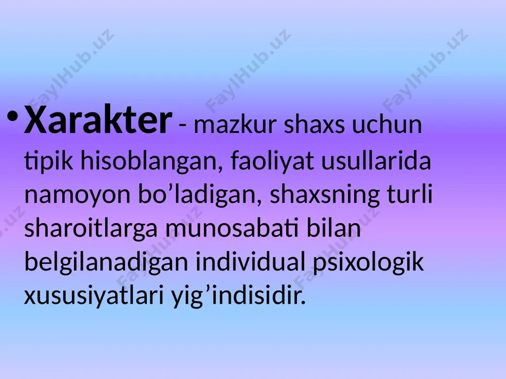 lab bo’lmaydi. 1.astenik tip - krechmer fikricha, uncha katta bo’lmagan gavda tuzilishli, o’rtacha yoki undan balandroq bo’yli, oriq kishilardir. asteniklarning tana va yuz terisi nozik, yelkasi tor, yassi, mushaklari yaxshi rivojlanmagan. 2.atletik tip - skelet va mushaklar yaxshi rivojlangan, o’rtachadan yuqori, baland bo’yli, keng elkali, kuchli ko’krak qafasli, boshini tik tutib yuradigan kishilardir. 3.piknik tip - bosh, ko’krak qafasi va qorin bo’shlig’i yaxshi rivojlangan, semirishga moyil, tayanch-harakat a'zolari yaxshi rivojlanmagan kishilardir. xaraktir xislatlari xarakter borasidagi ta'limotlar tarixi uzoq o’tmishga borib tarqaladi. xususan, arastu va aflotun kishi xarakterini basharasiga qarab aniqlashni taklif qilgan edilar. ularning xarakterologiyasi asosi qanchalik sodda bo’lsa, shunchalik g’aroyib faraz yotardi. kishining tashqi ko’rinishida qandaydir hayvon bilan o’xshashlik belgisini topish tavsiya qilinardi, so’ngra esa uning xarakterini ana shu hayvonnning xarakteri bilan aynan bir xil deb qarash kerak edi , arastuning aytishi bo’yicha, buqaniki singari yo’g’on burun ishyoqmaslikni bildiradi, chuchqanikiga o’xshash teshiklari katta-katta keng burun ahmoqlikni, arslonniki kabi burun …