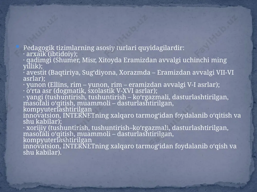 o’lishiga imkon yaratgan bo’lamiz. bir soatlik darsga mo’ljallangan dastur materiallarining mazmunini bayon qilish uchun didaktik maqsad va talablarga muvofiq ravishda tashkil qilingan mashg’ulot turi dars turi deb yuritiladi. xulosa mavlonova r. “pedagogika“ t - 2000. b.x.xodjayev. umumiy pedagogika nazariyasi va amaliyoti. darslik.-t."sano standandart"nashiriyoti. 2017. foydalanilgan adabiyotlar image3.png image4.jpeg /docprops/thumbnail.jpeg