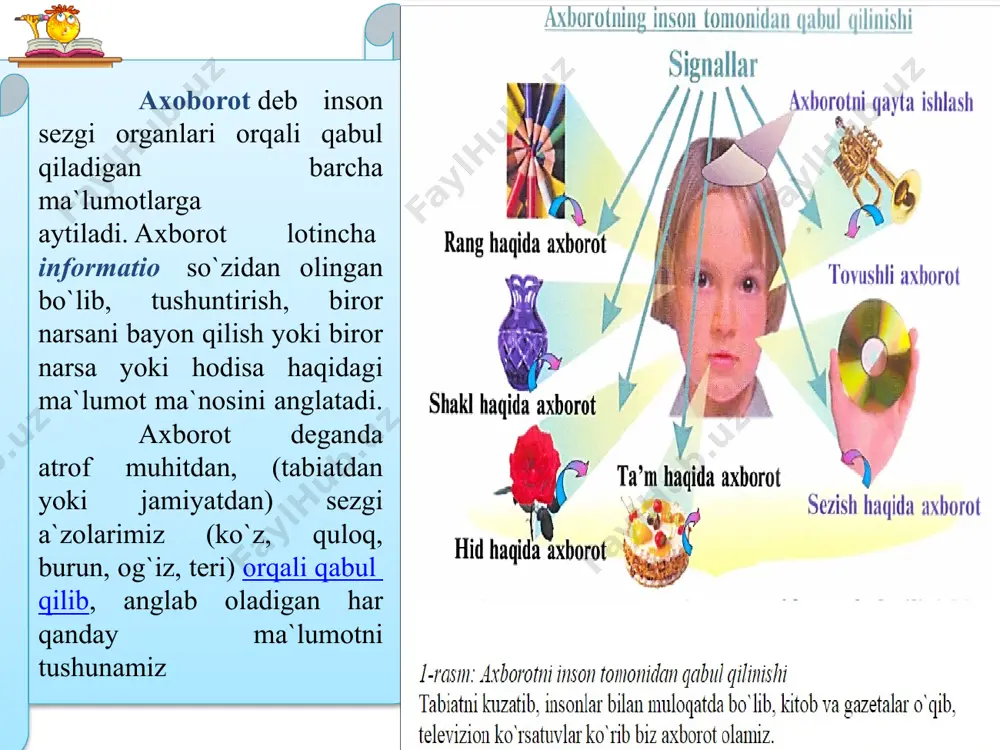 televizorlarni yaratilishi. fotografiya va kino. axborotlarni magnit tashuvchilarda yozish imkoniyati -magnit lentalar va disklar axborot texnologiyalarining, hozirgi zamondagi o’rni va uning rivojlanish istiqbollari ibtidodiy davrga oid qoya toshlardagi rasmlar hayvonlar terisidagi yozuvlar chop qilingan qo’lyozmalar va kitoblar ehmlar uchun magnit va lazerli disklar nutq. axborotni uzatish va saqlash pochta aloqasi. axborotni tuzish, saqlash, qayta ishlash, uzatish (kommunikasiya) telegraf, telefon, radio kompyuter tarmoqlari, kommunikatsiya axborotni tuzish, saqlash, qayta ishlash va uzatishning evolyusiyasi insoniyatning o’zoro axborot almashish evolyusiyasi axborot texnologiyalarining, hozirgi zamondagi o’rni va uning rivojlanish istiqbollari axborotni uzatishning evolyusiyasi texnologiya evolyusiyasi 8 bit = 1 bayt 1024 bayt = 1 kilobayt 1024 kilobayt = 1 megabayt 1024 megabayt = 1 gegabayt 1024 gegabayt = 1 terabayt 1024 terabayt = 1 petabayt 1024 petabayt = 1 zetabayt 1.perfokarta (perforosion karta) - axborot berilganlarni qayta ishlashni avtomatik tashuvchisi, tizimlarida qo’llanilgan. karton qog’ozdan yasalgan standart o’lchamga ega bo’lgan karta.perfokartaga berilganlar perforasion qurilmalar orqali kiritilgan. …