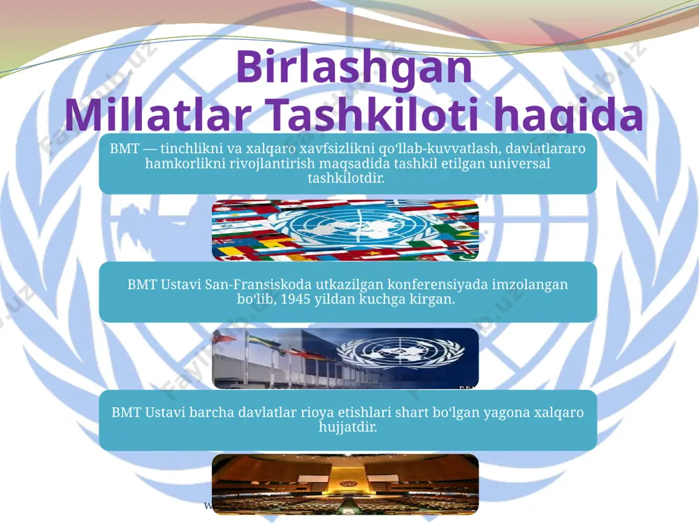 arga egadirlar: birinchidan, bunday tashkilotlarni ta’sis etuvchi shartnomalar hukumatlararo xarakterga ega; ikkinchidan, ta’sis hujjatlari doirasidagi keng xalqaro javobgarlikka ega bo‘ladilar; uchinchidan, maxsus: iqtisodiy, ijtimoiy, madaniy, insonparvarlik va boshqa sohalarda hamkorlikni ta’minlaydilar; to‘rtinchidan, bmt bilan yakin aloqadadirlar. www.arxiv.uz hozirgi kunda bmtning 16 ta ixtisoslashgan muassasalari mavjud. ularni quyidagi guruhlarga ajratish mumkin: birinchi, ijtimoiy xususiyatli tashkilot (mot, voz); ikkinchi, madaniy va insonparvarlik tashkilotlari (yunesko) uchinchi, iqtisodiy tashkilot (yunido); to‘rtinchi, moliyaviy tashkilotlar (mbrr, mvf, map, mfk); beshinchi, kishlokxujaligi sohasidagi tashkilotlar (fao i-fad); oltinchi, aloqa va transport sohasidagi tashkilotlar (ikao, imo, vps, mse); yettinchi, metereologiya sohasidagi tashkilot (vmo). www.arxiv.uz jahon sog‘liqni saqlash tashkiloti. 1946 yilda tashkil etilgan bo‘lib, qarorgoxi jeneva shaxrida. uning asosiy faoliyat sohadari yukumli kasalliklarga qarshi ko‘rash, karantin va sanitariya qoidalarini ishlab chiqish va ijtimoiy xarakterdagi masalalardir. xalqaro sog‘liqni saqlash tashkiloti sog‘liqni saqlash tizimlari ishlarini tashkil etishda, samaradorligini oshirishda, kadrlar tayyorlash va kasalliklarga qarshi ko‘rashda kumaklashadi. www.arxiv.uz bmtning sanoat tarakkiyeti tashkiloti (yunido) …