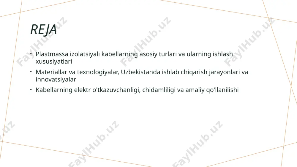 uvi usullari uzbekistonda plastmassa izolatsiyali kabellarning texnologik rivojlanishi va amaliy qo'llanilishi zamonaviy texnologiyalar mahalliy ishlab chiqarish amaliy qo'llanilish o'zbekistonda plastmassa izolatsiyali kabellar ishlab chiqarishda innovatsion texnologiyalar keng joriy etilmoqda, bu esa sifat va chidamlilikni oshiradi. mahalliy fabrikalar yuqori sifatli materiallar va ilg'or texnologiyalar bilan ishlab chiqarishni rivojlantirib, bozor ehtiyojlarini qondirmoqda. plastmassa izolatsiyali kabellar turli sohalarda, jumladan, energetika, qurilish va transportda keng qo'llanilib, iqtisodiy va ekologik manfaatlar ta'minlaydi. plastmassa izolatsiyali kabellarning elektr o'tkazuvchanlik xususiyatlari va uning ta'siri elektr o'tkazuvchanlik darajasi plastmassa izolatsiyali kabellarda elektr o'tkazuvchanlik darajasi ma'lumotlarni uzatish tezligi va sifatiga ta'sir qiladi. u yuqori sifatli materiallardan tayyorlangan bo‘lsa, yaxshi o'tkazuvchanlik ta'minlanadi. materiallarning ta'siri polimerlar va boshqa plastik materiallar elektr o'tkazuvchanligini belgilaydi. ularning molekulyar tuzilishi va qalinligi kabelning elektr xususiyatlariga ta'sir qiladi. ishlatish sohalariga ta'siri o'tkazuvchanlik xususiyati, elektr tarmoqlari, sanoat va uy jihozlarida muhim ahamiyatga ega. to'g'ri material tanlovi, xavfsizlik va samaradorlikni oshiradi. kabellarning chidamliligi: materiallar va texnologik yutuqlar 1 materiallarning …