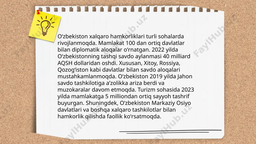 ikni kuchaytirishdir. o'zbekiston iht doirasida transport, energetika, savdo va investitsiya sohalarida hamkorlik qiladi. 2000-yilda toshkentda iht sammiti bo'lib o'tdi va o'sha yili tashkilot doirasidagi savdo hajmi sezilarli darajada oshdi. 2021-yilda oʻtkazilgan iht sammitida oʻzbekiston mintaqaviy iqtisodiy integratsiyani chuqurlashtirishga qaratilgan tashabbuslarni qoʻllab-quvvatladi. ... t.me/slaydai_bot o‘zbekiston va aqsh o‘rtasidagi strategik hamkorlik keng qamrovli bo‘lib, xavfsizlik, iqtisodiyot, ta’lim va madaniy aloqalarni o‘z ichiga oladi. 2022 yilda aqsh o‘zbekistonga jami qariyb 60 million dollar yordam ko‘rsatgan. ikki davlat o‘rtasida savdo hajmi 2021 yilda 367 million dollarni tashkil etdi. o‘zbekiston harbiy xodimlari nato doirasida aqshda ta’lim va mashg‘ulotlardan o‘tadi. 2002 yilda o‘zbekiston va aqsh o‘rtasida strategik sheriklik deklaratsiyasi imzolangan. о‘zbekistondan aqshga paxta, gaz va to‘qimachilik mahsulotlari eksport qilinadi. 2005 yildan buyon ikki mamlakat ko‘plab qo‘shma harbiy va xavfsizlik treninglarini o‘tkazib kelmoqda. ... t.me/slaydai_bot markaziy osiyo davlatlari o'rtasidagi integratsiya jarayonlari so'nggi yillarda faollashgan. 2022 yilda markaziy osiyo davlatlari o'rtasidagi savdo aylanmasi 9 milliard dollarga yetdi. 2018 …