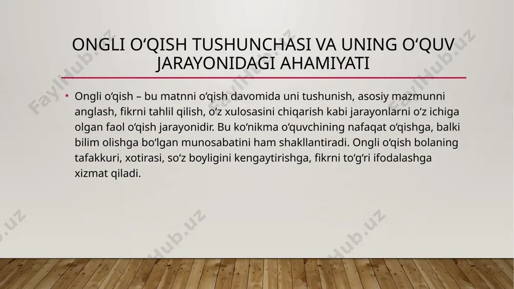 a ega. mashqlar orqali o‘quvchi o‘qiganini chuqur anglaydi, takrorlash orqali esa uni mustahkamlaydi. eng ko‘p qo‘llaniladigan mashqlardan biri bu — matndan asosiy fikrni yozib olish mashqidir. o‘quvchi matnni o‘qib, unga muvofiq asosiy fikrni qisqa tarzda bayon qiladi. bu uning xotirasini, tahlil qilish ko‘nikmasini rivojlantiradi. matn asosida savollar tuzish, matnga sarlavha qo‘yish, sabab-oqibatni topish, belgilangan joyini top kabi mashqlar ham o‘quvchilarni chuqur fikrlashga undaydi. o‘qilgan matnni rasmga aylantirish yoki sxema shaklida chizish ham samarali usullardan biridir. nazorat uchun og‘zaki so‘rov, yozma savol-javoblar, testlar, matn asosida topshiriq bajarish kabi usullar qo‘llaniladi. muhimi, bu nazorat shakllari bolaning tushunganini aniqlashga xizmat qilishi kerak, shunchaki yodlash emas, fikrlash natijasi bo‘lishi zarur. shuningdek, bolaning o‘qish jarayonidagi o‘zgarishini kuzatish, individual kartochkalar yuritish, har hafta o‘qilgan kitoblar bo‘yicha suhbat o‘tkazish ham nazoratni mustahkamlaydi. xulosa ongli o‘qish — bu o‘quvchining faqatgina o‘qish emas, balki fikrlash, tahlil qilish, tushunish, umumlashtirish kabi aqliy faoliyatlarini birgalikda olib boradigan murakkab ko‘nikmadir. ushbu ko‘nikmani …
