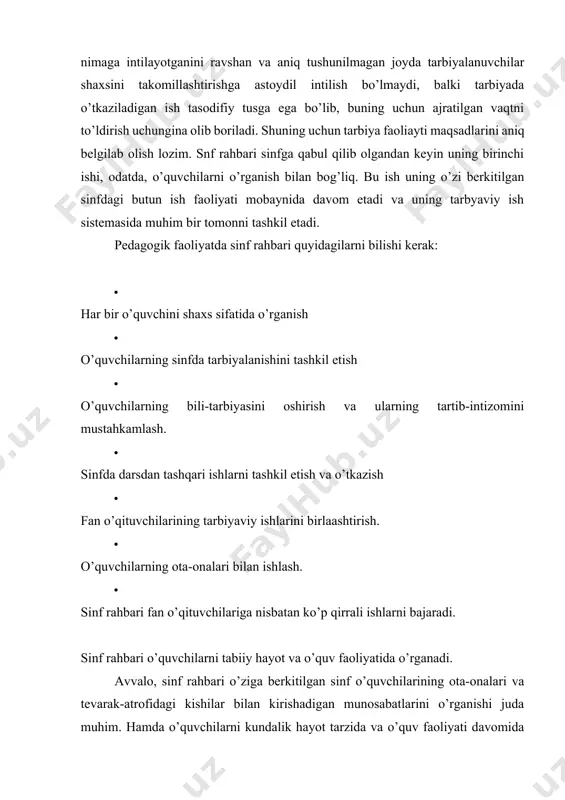 r-e’tiborida tutishdan, uning xususiyatlarini bilishdan, uning ijobiy xislatlariga tayanishdan, unga o’g’ir vaziyatlarda muntazam yordam ko’rsatib borishdan va uni yaxshi xatti-harakatlari uchun rag’batlantirib borishdan iboratdir. 1. o’quvchilarni o’rganib ularga tarbiyaviy ta’sir ko’rsartish, o’quvchini o’rganish pirovard maqsad emas, balki ularga ta’lim-tarbiya berish uchun zaruriy shart-sharoitdir. o’quvchilarni o’rganish borasidagi ishlar shaxsini kamol toptirishning tabiiy tarzda faol ishtirok etishi bilan, o’quvchilarda zaruriy ma’naviy xislatlari va harakterini tarkib toptirish bilan organic ravishda qo’shilib ketadi. sinf rahbari o’quvchilar xulq-atvoridagi ijobiy xislatlarni rivojlantirish, salbiy xislatlarga barham berishni “loyihalashtiradi”. 1. o’quvchilarni o’rganishni rejali tarzda va muntazam olib boorish darkor. o’quvchi xulq-atvoridagi yakka-yarim uchraydigan va tasodifiy voqealarni emas, balki uning shaxsida juda ko’p uchraydigan tipik xususiyatlarni o’rganmoq kerak. shuni hisobga olish kerakki, o’quvchilar har doim o’sib-rivojlanib boradi va shu bilan birga ularning qiziqishlari ham domiy o’zgarib turadi. shuning uchun ham o’quvchilarni faqat rivojlanishga o’rgatmoq zarur. 1. o’quvchilarni tabiiy hayot va ish faoliyati sharoitida o’rganish. o’quvchi ta’lim jarayonida ijtimoiy foydali …
