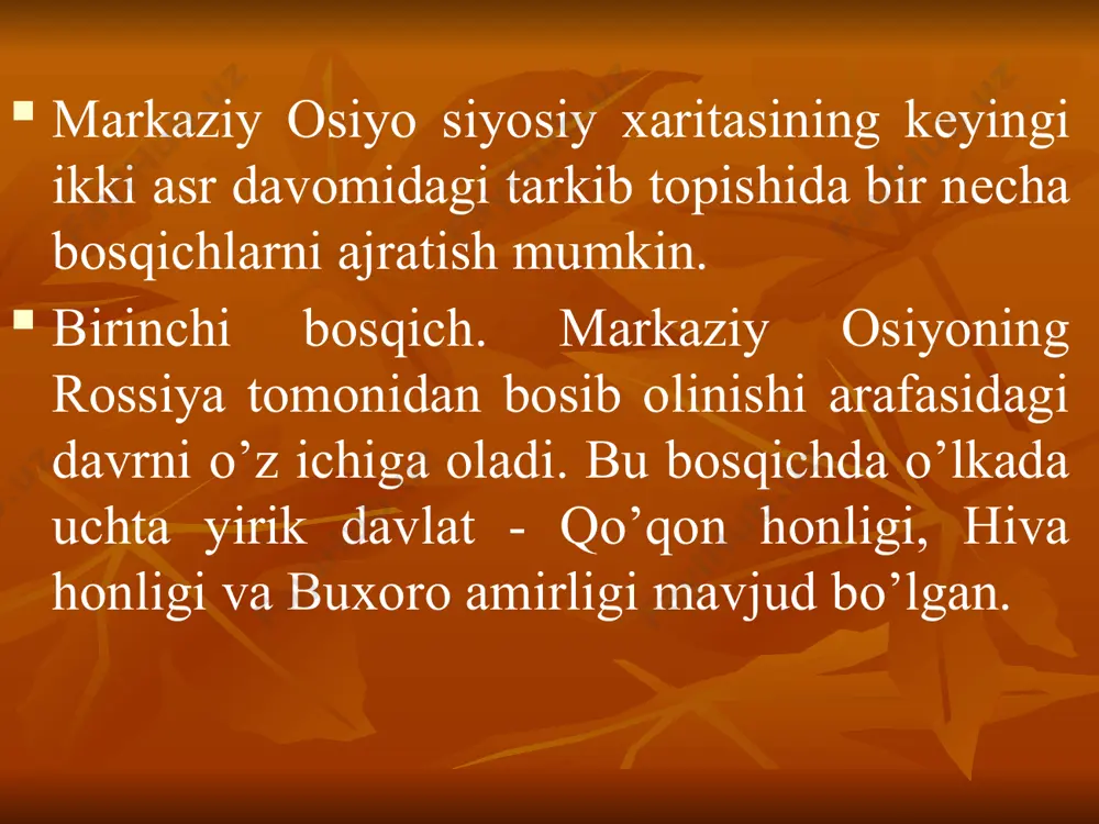 iy dеngizi joylashgan. turkmaniston mdh davlatlarining eng chеkka janubiy chеgarasiga ega (chil-duxtoron). tog’ orlig’i botiqlari, tog’ oldi daryo vodiylari, vohalaro esa rеspublika hududining 12 % tashkil etadi. bundan ko’rinib turibdiki rеspublikaning katta hududi tеkkisliklardan iborat bo’lib, sharqdan g’arbga (kaspiy bo’yi) tomon pasayib boradi. tеkislikning katta qismi dеngis satxidan 0-200 m gacha bo’lib. kaspiy bo’yi past tеkisligi va sariqhamish ko’li dеngis satxidan pastda joylashgan, eng past nuqtasi oqjaksoy bo’lib-81m ni tashkil etadi turkmaniston ko’p millatli mamlakatlardan bo’lib, bu yerda 80 dan ortiq millat va elatlar yashaydi. jami aholisi 444,5 mln. kishi. milliy tarkibida turkmanlar (77%) ko’pchilikni tashkil etadi. rеspublika aholisning kolgan qismini ruslar 6,7%, 9,2 % o’zbеklar, 2 % qozoqlar, 1,1 tatarlar, 1,03 ukrainlar va bundan tashqari armanlar, korеyslar, еvrеylar vaboshqa millatlar tashkil qiladi tojikiston tojikiston rеspublikasi markaziy osiyo davlatlarining jnubi-sharqida joylashgan. uning maydoni 143,1 ming km kv. axolisi 6,4 mln kishi. poytaxti dushanbе shaxri axolii zichligi 1 km kv ga …