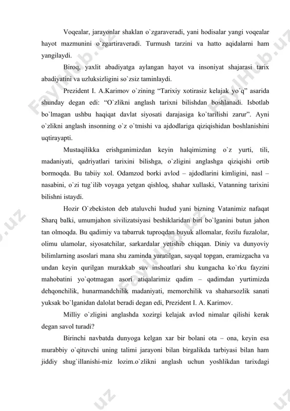nati yuksak bо`lganidan dalolat beradi degan edi, prezident i. a. karimov. milliy о`zligini anglashda xozirgi kelajak avlod nimalar qilishi kerak degan savol turadi? birinchi navbatda dunyoga kelgan xar bir bolani ota – ona, keyin esa murabbiy о`qituvchi uning talimi jarayoni bilan birgalikda tarbiyasi bilan ham jiddiy shug`illanishi-miz lozim.о`zlikni anglash uchun yoshlikdan tarixdagi mashhur olimu fuzalolar, olimlarning, donishmandlarning qilgan ishlariyu о`gitlari orqali shakllantirib borishimiz lozim. masalan, geradotning “tarix” kitobida yozilganidek, uch ming yil avvalgi ajdodlarimizda qadrlanadigan xislatlarning eng asosiysi jasurlik ekan. undan keyingi muhim xislat adolatlilik va moxirlik bо`lgan. har bir ishni bajarganda, jumladan otda yurish ov qilish kabilarni yuqori maxorat bilan bajarish ajdodlarimiz uchun fazilat hisoblangan. manaviy merosimiz hisoblangan epik rivoyatlarda, jumladan: “avesto”, firdavsiyning “shohnoma” mahmud qoshg`ariyning “devonu lug`otit – turk”, “gо`rо`g`li” va “alpomish” dostonlari va boshqa asarlarda ajdodlarimizning vatanni sevish, or – nomus va dо`stlariga sadoqat kabi sifatlar ularning asosiy ijtimoiy xislatlari xisoblangan. zardushtiylikning muqaddas kitobi “avesto” da tarbiya …