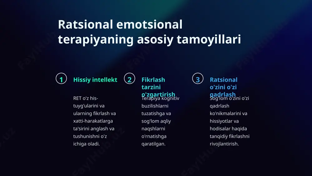 2 shaxslararo munosabatlarni yaxshilash ratsional muloqotga asoslangan shaxslararo nizolarni muvaffaqiyatli hal qilish. 3 o'z-o'zini takomillashtirish ratsional o'z-o'zini aks ettirish ko'nikmalari orqali shaxsiy maqsadlarga erishish va o'z-o'zini tushunishni yaxshilash. 6 ratsional emotsional terapiyaning afzalliklari 1 samaradorlik depressiya va tashvish alomatlarini engillashtirishi isbotlangan. 2 amaliylik kundalik hayotda qo'llanilishi mumkin bo'lgan maxsus ko'nikmalar va texnikalarga e'tibor qarating. 3 empirik dalillar psixologiya va psixoterapiya sohasidagi ko'plab tadqiqotlar va ilmiy kashfiyotlar asosida. 7 xulosa 85% ijobiy dinamikaga ega mijozlar aksariyat mijozlar terapiya kursidan keyin ijobiy rivojlanish haqida xabar berishadi. 95% mijozlarning qoniqish darajasi mijozning terapiya natijalaridan qoniqish darajasi yuqori. 8 image1.png image2.png image3.png image4.png image5.png image6.png image7.png image8.png