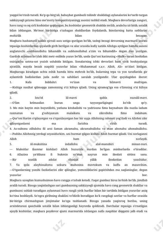 alardan tashqari koʻpgina dam olish maskanlari ham mavjud. taxtaqorachi dovoni yaqinidagi omonqutan maskanida hozirgacha samarqand shahri toʻgʻrisidagi qiziq-qiziq afsonalarni eshitish mumkin. bundan tashqari ushbu viloytda neandertallar lageri qoldiqlari topilgan. go`ri amir maqbarasi go’ri amir maqbarasi jahonga mashhur va o’rta osiyo me’morchiligining noyob asari sifatida e’tirof etiladi. maqbara qurilishi 1403 yilda amir temurning vorisi muhammad sultonning vafot etishi munosabati bilan boshlangan, mirzo ulug’bek davrida tugallangan hamda amir temur va temuriylar xilxonasiga aylantirilgan. maqbara o’rta asr samarqandining janubiy-sharqiy qismida, temurning nabirasi muhammad sulton xiv asrning oxirida bino qildirgan ansambl qoshida tiklangan. muhammad sulton 1403 yilda kichik osiyo sohillariga qilgan uzoq safaridan qaytib kelayotganda to’satdan kasal bo’lib vafot etadi. shahzodaning jasadi samarqandga olib kelinib, ansamblning janub tomnidagi ayvoni orqasidagi dahmaga dafn qilinadi. amir temur shahzodaga atab maqbara qurish haqida farmon beradi. shundan keyin daxma ustiga sakkizyoqli bino quriladi. shurq tarixchisi sharafiddin ali yazdiy bu bino «osmon kabi baland gumbaz, devorlarining pastki qismi zarhal …