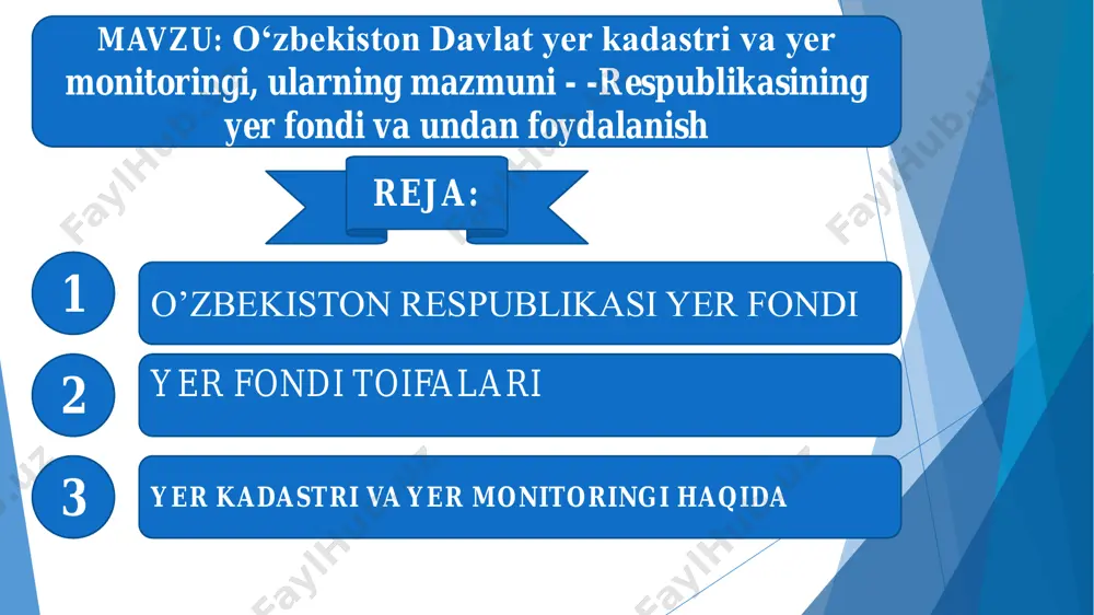 inolar hamda inshootlar qurilishiga doimiy foydalanish uchun berib qo‘yilgan yerlar kiradi. transport yerlari jumlasiga temiryo‘l, ichki suv transporti korxonalari, muassasalari va tashkilotlariga transport inshootlari, qurilmalari va boshqa obyektlarni ishlatish, saqlab turish, qurish, qayta qurish, ta’mirlash, takomillashtirish va rivojlantirish sohasida ular zimmasiga yuklatilgan vazifalarni amalga oshirish uchun doimiy foydalanishga berib qo‘yilgan yerlar kiradi. aloqa yerlariga aloqa tizimi obyektlarini hamda ularga tegishli inshootlarni joylashtirish, aloqa, radioeshittirish, televideniya va axborot korxonalari muassasalari va tashkilotlariga doimiy foydalanish uchun berib qo‘yilgan yerlar kiradi. tabiatni muhofaza qilishga mo‘ljallangan yerlar tarkibiga korxonalar, muassasalar va tashkilotlarga maxsus maqsadlar uchun berilgan davlat qo‘riqxonalari, milliy va dendrologiya bog‘lari, botanika bog‘lari, buyurtma bog‘lar (ovchilikka mo‘ljallangan yerlar bundan mustasno), tabiat yodgorligi yerlari kiradi. tegishli muassasalar va tashkilotlarga doimiy foydalanish uchun berib qo‘yilgan tarixiy- madaniy qo‘riqxonalar, me’morial bog‘lar, maqbaralar, arxeologiya yodgorliklari, tarixiy va madaniy yodgorliklar joylashgan yerlar tarixiymadaniy ahamiyatga molik yerlar qatoriga kiradi. o‘rmon xo‘jaligi ehtiyojlari uchun berib qo‘yilgan yerlar o‘rmon fondi yerlari …