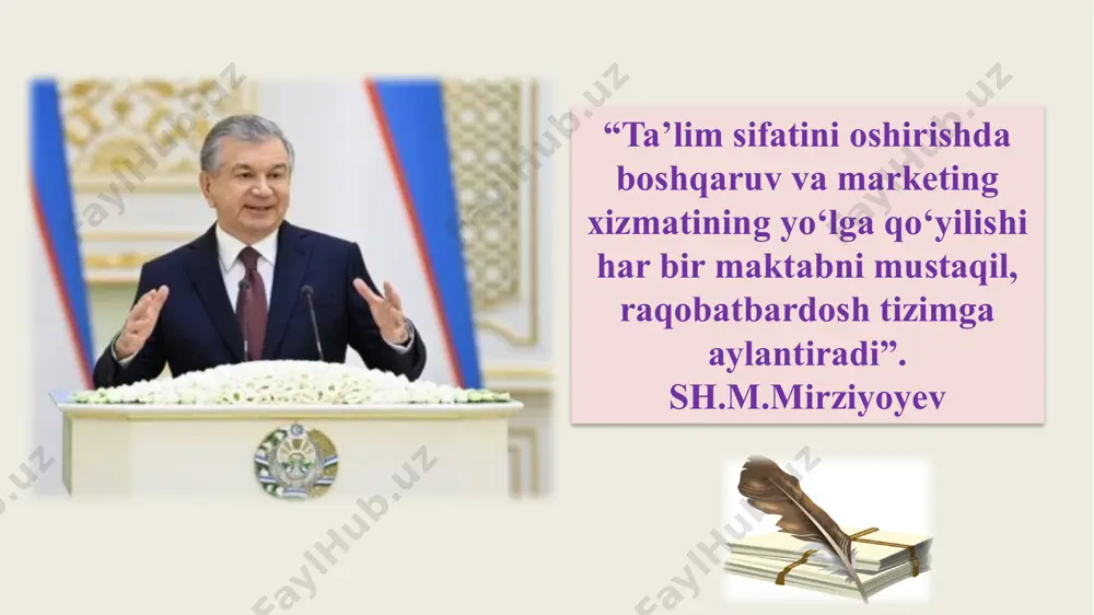 i o‘zbekistonning taraqqiyot strategiyasi to‘g‘risida”gi pf–60-sonli farmoni vazirlar mahkamasining 2021-yil 19-martdagi “xalq ta’limi sohasida boshqaruv tizimini takomillashtirish to‘g‘risida”gi 146-sonli qarori . xalq ta’limi vazirligining 2023-yilgi metodik ko‘rsatmasi – “maktab marketing xizmatlarini tashkil etish yo‘riqnomasi” mavzuga oid adabiyotlar tahlili 1. t.siddiqova – “ta’lim tizimida marketing asoslari”muallif marketingni maktab boshqaruvi vositasi sifatida ko‘rsatgan. 2. sh.davlatov – “marketing xizmatlari va ularni joriy etish”amaliy jihatlar, strategik rejalashtirish haqida. 3. xalqaro maqolalar (scopus) – “educational branding and school image building”maktabni brend sifatida shakllantirish, ota-onalar ishonchini qozonish yo‘llari ko‘rsatilgan. 1. brend yaratish: – har bir maktab o‘z logotipi, shiori va dizayn uslubiga ega. bu ota-onalar va jamoatchilik orasida tanilishiga xizmat qiladi. 2. raqamli aloqa tizimi: – ota-onalar o‘quvchi bahosi, davomati, dars jadvalini onlayn ko‘radi. bu ochiqlik va ishonchni kuchaytiradi. 3. ijtimoiy tarmoqlarda faoliyat: – maktab hayoti (yutuqlar, tadbirlar) muntazam ijtimoiy tarmoqlarda yoritiladi. 4. homiylar bilan hamkorlik: – mahalliy tadbirkorlar bilan pr tadbirlar orqali hamkorlik o‘rnatiladi. brendlash …