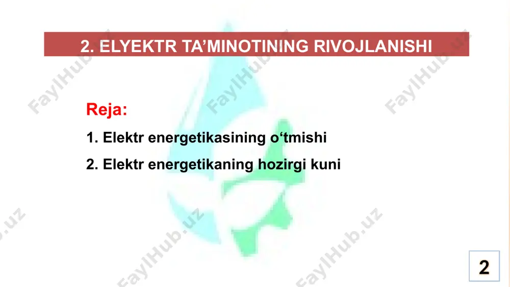 isida qaror qabul qilindi. elektr ta’minoni qodiriya ges ining umumiy ko‘rinishi elektr ta’minoni gesni modernizatsiya qilishdan ko‘zlangan maqsad stansiyani zamonaviy ish darajasiga olib chiqish, elektr energiyasi ishlab chiqarishni ko‘paytirish, texnologik jarayonlarni avtomatlashtirish va jihozlarning ishlash muddatini uzaytirish bilan ishonchli va xavfsiz ishlashdir. qodiriya gesi quyidagi texnik xususiyatlarga ega: o'rnatilgan quvvat - 13,2 mvt. agregatlar soni – 4 ta. suv iste'moli - 52 m3 / s. yillik ishlab chiqarish - 112 mlnch kvt/soat elektr ta’minoni qodiriya ges ining umumiy ko‘rinishi elektr ta’minoni oqqovoq ges i elektr ta’minoni stansiyalarni loyihalash toshkent shahrida ikki bosqichda – loyiha topshirig‘i va ishchi chizmalarida amalga oshirildi. loyihachilar va quruvchilarning qahramonona mehnati natijasida oqtepin gesi 13 oyda, oq-qovoq gesi 15 oyda, qibray gesi 18 oyda, salar gesi 11 oyda va quyi-bo‘zsuv gesi 1-sonli ishga tushirildi. 24 oy. elektr ta’minoni 1941 yilda oq-kavak gesi (avvalgi troitskaya deb ataladi) qurilishi boshlangan. foydalanishga topshirilgan - 1951 yilda. qurilish bilan parallel …