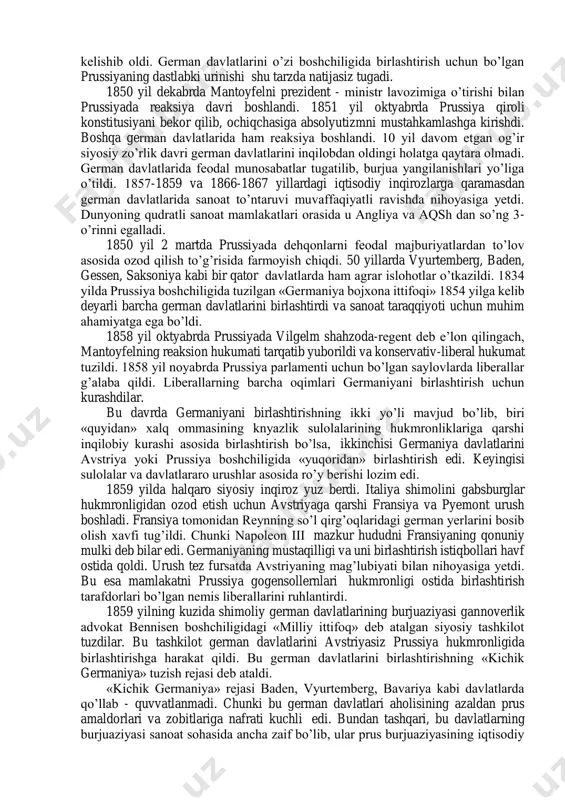 ga chek qo’ydi. fransisk ii esa rim viloyatiga qochdi. 1860-yil 21-oktyabrda neapolitaniyada garibaldi plebissit-referendum o’tkazdi. neapolitaniya qirolligi aholisining aksariyati pyemontga qo’shilishni yoqlab chiqdi. garibaldi kuzatuvida pyemont qiroli viktor emmanuil tantanali ravishda neapolga kirib keldi. 1861-yil fevralda pyemontning turin shahrida umumitaliya parlamenti ochildi. 14 martda viktor emmanuil italiya qiroli deb e’lon qilindi. shunday qilib, «risorjimento»ning eng asosiy vazifalaridan biri italiyaning birlashtirilishi vazifasi deyarli bajarildi. biroq mamlakat rim va venesiya viloyatlarisiz birlashtirildi. rim viloyati mustaqil bo’lib, undagi dunyoviy hokimiyat papa qo’lida mujassamlashgan edi. garibaldi boshchiligida harbiy otryadning 1862 yil papa viloyatini egallashga bo’lgan urinishi natijasiz bo’ldi. venesiya viloyati avstriya hukmronligi ostida bo’lib, 1866 yilda prussiya va italiyaning avstriyaga qarshi urushida avstriyaning mag’lubiyatga uchrashi oqibatida mazkur viloyat italiyaga qo’shib olindi. 1867 yilda garibaldi harbiy otryadining rimga yurishi ham muvafaqqiyatsiz tugadi, rim viloyati 1870 yilgacha fransuz qo’shinlarining himoyasida alohida mustaqil davlat bo’lib qolaverdi. 1870 yilda boshlangan fransiya - prussiya urushida fransiyaning mag’lubiyatga uchrashi natijasida …