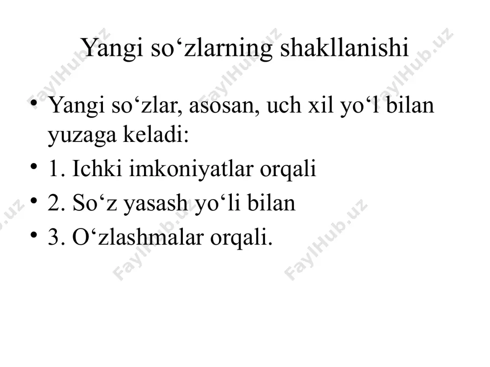 a kabi atamalar iqtisodiy sohada keng ishlatiladi. huquqiy terminlar konstitutsiya, qonun, kodeks, sud, advokat, prokuror kabi so‘zlar huquqiy sohada muhim. yangi so‘zlarning ommalashuvi yangi atamalar ommaviy axborot vositalari, internet va ta’lim orqali tez tarqaladi. yoshlar tilida yangi so‘zlar yoshlar orasida sleng va yangi so‘zlar tez paydo bo‘ladi: chatlashmoq, like, follow. ijodkorlar tilidagi yangi so‘zlar adabiyot, san’at va ijod sohalarida mualliflar yangi so‘zlar yaratadilar va ularni ommalashtiradilar. internet tili onlayn muloqot orqali yangi qisqartmalar va atamalar yuzaga kelmoqda: sms, dm, post, story. globalizatsiya ta’siri globalizatsiya natijasida inglizcha terminlar ko‘plab tillarga, jumladan, o‘zbek tiliga ham kirib kelmoqda. o‘zbek tilidagi muqobillar ba’zi chet so‘zlariga muqobil so‘zlar yaratilmoqda. masalan: kompyuter – hisoblash mashinasi, telefon – qo‘ng‘iroq qurilmasi. yangi so‘zlarning adabiy tilga kirishi yangi so‘zlar dastlab og‘zaki tilda qo‘llanib, keyinchalik lug‘atlarga kiritiladi va adabiy til me’yoriga aylanadi. xulosa o‘zbek tilida yangi so‘zlar va terminlarning shakllanish jarayoni tabiiy va doimiy bo‘lib, jamiyat rivoji bilan uzviy bog‘liqdir. …