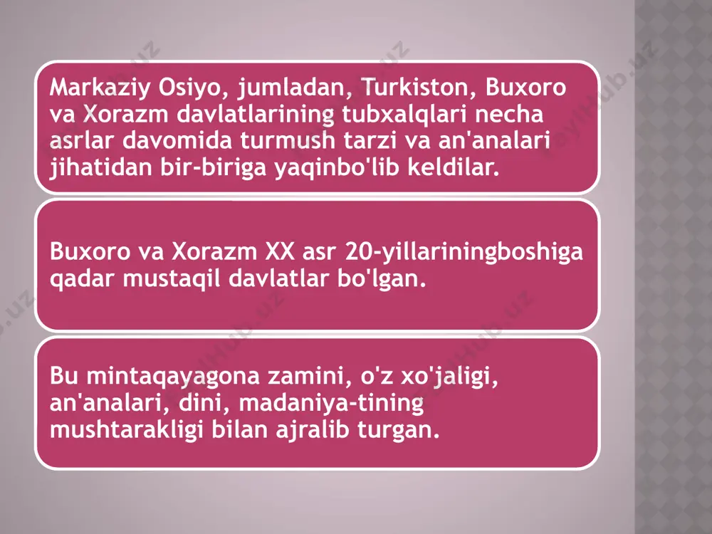 si bilan 1920-yil 15-yanvarda qabul qilingantezislarda aytiladi. bu tezislar o'sha yilning iyun oyidarkp(b) markaziy komitetining «partiyaning turkistondagi vazifalari haqida» degan qarori loyihasiga kiritil-di. bu taklifni v.i. lenin qo'llab-qu vvatladi. loyihagabildirgan o'z mulohazalarida u turkistonning «o'zbe-kiya, qirg'iziya, turkmaniya»ga bo'lingan kartasinituzish zarur deb ko'rsatdi. v.i. lenin birmuncha keyin-roq o'zi tayyorlagan boshqa bir loyihada o'z nuqtainazarini o'zgartirib: «respublikani (ya'ni turkistonni) 3qismga bo'lish oldindan hal qilib qo'yilmasin», debuqtirdi. turkistonning ma'muriy-hududiy kartasini qaytadanko'rib chiqish bolsheviklarning qaytadan tuzish siyosati-dan o'lkada norozilik kuchayib borgan, mustaqiuik milliy respublikalar va viloyatlar tuzishga ko'r-satma berilishi va uningsiyosiy jihatdan asoslanishi uchun harakat ko'lami kengayib kelayotgani, milliymasala yuzasidan kavkazortida boshlangan kurash akssadosi va boshqa sabablarga ko'ra orqaga surilib turdi.1920-yilga kelib o'rta osiyoda tsrdan tashqari buxorova xorazm xalq sovet respublikalari tuzilganligi hammuhim omil bo'ldi. bu respublikalar tuzilganidan keyinma'lum rahbarlar guruhi ularni ham hududiy qaytabichish doirasiga tortish rejalarini ilgari surdilar. milliy respublikalar tuzish zarurligi g'oyasi tashab-buschilari uni (ya'ni, bu g'oyani) yerli xalqlar hayotidatengsizlik mavjudligi, …