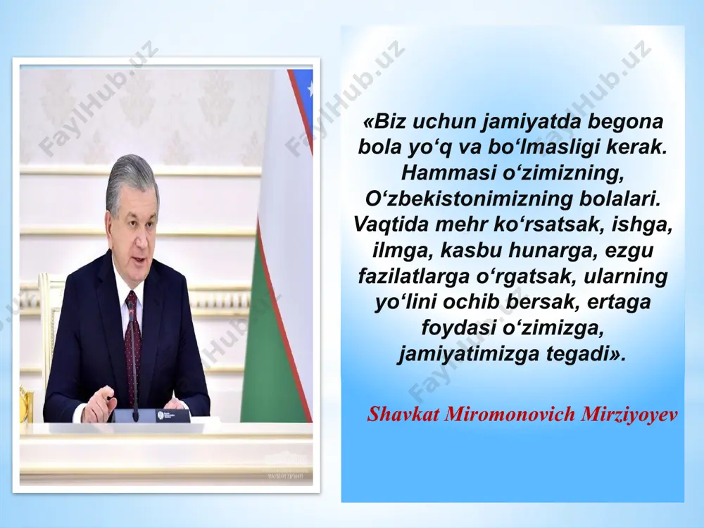 ga oshirish; 4.o‘quvchilarni bo‘sh vaqtlarini mazmunli tashkil etish bo‘yicha maktabdan va sinfdan tashqari mashg‘ulotlarni samaradorligini oshirish. o‘zbekiston respublikasi konstitutsiyasi 77-modda. ota-onalar va ularning o‘rnini bosuvchi shaxslar o‘z farzandlarini voyaga yetguniga qadar boqishi, ularning tarbiyasi, ta’lim olishi, sog‘lom, to‘laqonli va har tomonlama kamol topishi xususida g‘amxo‘rlik qilishga majburdirlar. - tarbiyaviy ishlar metodikasi. r. mavlonova. b. normurodova. - boshlang‘ich ta’lim pedagogikasi, innovatsiya va integratsiya. raxima mavlonova. nargiz raxmonqulova. o‘zbekiston respublikasi maktabgacha va maktab ta’limi vazirligi, o‘zbekiston respublikasi milliy gvardiyasining 2024-yil 26-fevraldagi 4-son qo‘shma qarori. ta‘lim to‘g‘risidagi qonunning 51-moddasida. voyaga yetmagan ta’lim oluvchilarning (qonuniy vakillarining) huquqlari, majburiyatlari va javobgarligi to‘g‘risida shunday deyilgan: voyaga yetmagan ta‘lim oluvchilarning ota-onalari va boshqa qonuniy vakillari bolaning o‘qishi , tarbiyalanishi, jismoniy, ma’naviy va intelektual rivojlanishi uchun ma’suldir. mavzuga oid adabiyotlar tahlili: maqsad ota-onalarga farzand ertangi kunimiz kelajagi ekanligini ta’kidlab borish. farzand talim-tarbiyasi asosiy vazifalardan ekanligini his qildirish. bugungi kunda ta’limga qaratilayotgan imkoniyatlardan samarali foydalanishga undash. o‘quvchilar va ota …