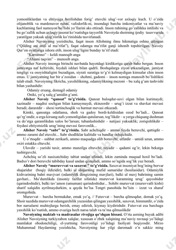 punktlarning samarqand kengligiga nisbatan koordinatalari belgilab chiqildi. rasadxonada olib borilgan tadqiqotlarning natijalari asosida matematika va astronomiyaga oid qator nodir asarlar yaratildi. «ziji jadidi ko’ragoniy» dan tashqari ulug’bek «tarixi arba’ ulus» (to’rt ulus tarixi) nomli tarixiy asar hamda musiqa ilmiga bag’ishlangan beshta risola yozadi. ulug’bek davrida maktab islohoti. ulug’bek movarounnahr shaharlarini, xususan samarqand va buxoroni ilm-u ma’rifat dargohiga aylantirishga intiladi. uning farmoni bilan 1417-yilda buxoroda, 1417-1420-yillarda samarqandda va 1433-yilda g’ijduvonda madrasalar qad ko’taradi. hatto buxoro madrasasining darvozasiga «bilim olish har bir musulmon ayol va erkakning burchidir» degan kalima o’yib yozib qo’yiladi. alloma o’z davlatida ta’lim sohasida jiddiy islohotlarni tashkil etdi. u madrasalarni davlat ta’minotiga o’tkazdi, mudarris (o’qituvchi)larga oylik ish haqi belgilagan, shogird (talaba)larga stipendiya ajratgan. muhammad tarag’ay ulug’bek madrasa o’quv rejasiga quyidagi fanlar: arab tili, adabiyot, qur’on, hadis, ritorika, mantiq, falsafa, fikh (qonunchilik), metafizika, matematika, astronomiya, tibbiyot, geografiya, tarix kabi fanlarni kiritadi. mutafakkir tomonidan barpo etilgan hamda o’zi bevosita ta’lim bergan …