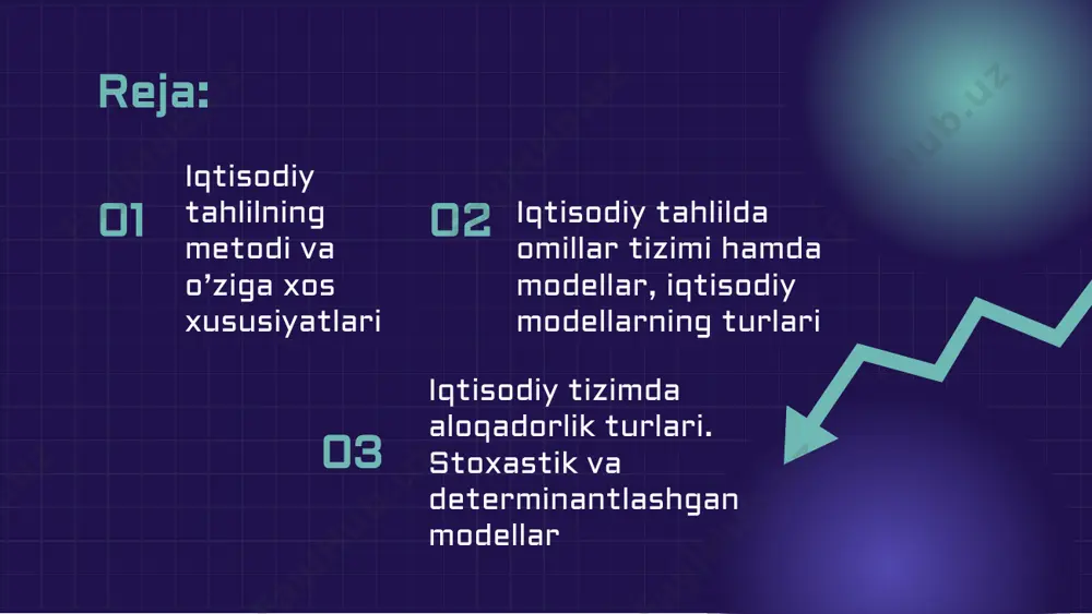 di 5-bosqich omilli tahlil o’tkaziladi va natijaviy ko’rsatkichlarga ta‘sir etuvchi birliklar hisob-kitob qilinadi 6-bosqich faoliyat samaradorligini oshirishda foydalanilmayotgan va istiqboldagi imkoniyatlar aniqlanadi 7-bosqich turli omillar ta‘sirini, aniqlangan va ishlatilmayotgan imkoniyatlarni hisobga olib, xo’jalik faoliyatini baholash amalga oshiriladi va aniq chora-tadbirlar belgilanadi iqtisodiy model – iqtisodiy jarayonlarni ifodalovchi nazariy konstruksiya, iqtisodiy obyektlarning soddalashtirilgan nusxasi. iqtisodiy modellar tizimdagi asosiy omillar bilan ishlash imkonini yaratadi[. iqtisodiy modellar reallikning abstrakt tasviri hisoblanadi va shu sababli, amaliyotda qoʻllash vaqti maʼlum toʻsiqlarga duch keladi. lekin, iqtisodiy modellar real empirik maʼlumotlar asosida ham yaratilishi mumkin: cobb–douglas ishlab chiqarish funksiyasi, fillips egri chizig'i “firma yoki davlat iqtisodiy faoliyatini prognozlashda iqtisodiy-matematik usullardan foydalaniladi. iqtisodiy-matematik usullar iqtisodiy jarayonlarning miqdoriy najatlarini funksiya, tenglama yoki tengsizliklar orqali ifodalaydi. iqtisodchi pol duglas va matematika mutaxassisi charlz cobb tomonidan ishlab chiqilgan cobb-duglas ishlab chiqarish funktsiyalari makroiqtisodiy va mikroiqtisodiy modellarda keng qo'llaniladi, chunki ular bir qator qulay va aniq xususiyatlarga ega. cobb-duglas ishlab chiqarish formulasi …