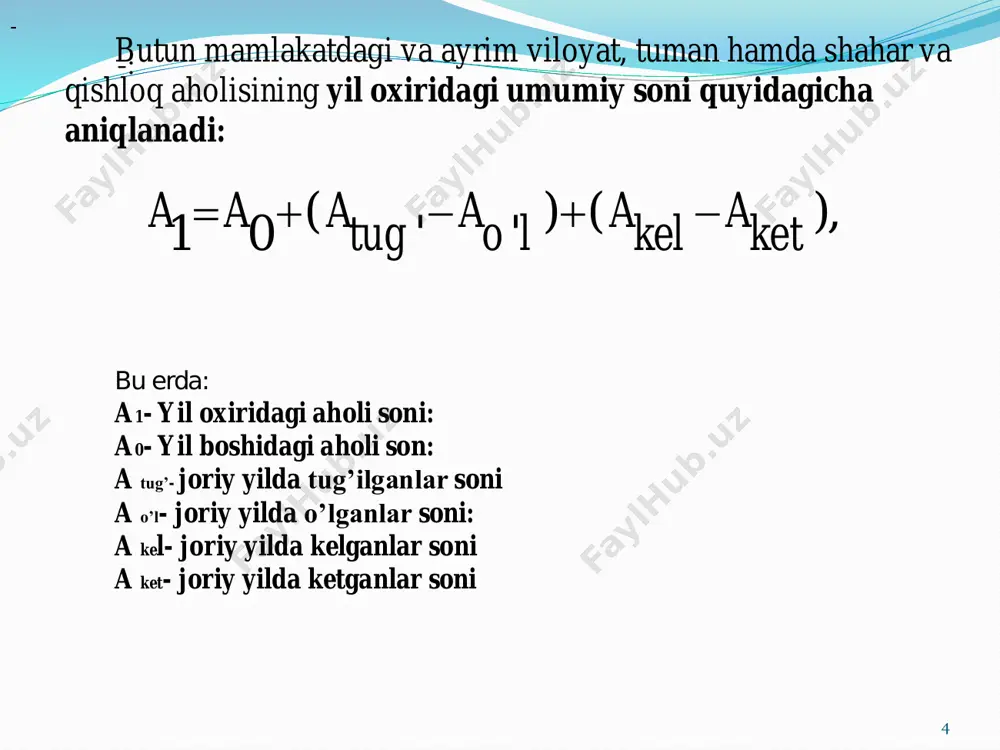 yoshli 3786 kishidan: n+2 yilga kelib: i18= i17p17 i18= 378699641=3772 kishi n+3 yilga kelib: i19= i18p18 i19= 377299600=3757 kishi n+4 yilga kelib: i20= i19p19 i20= 375799562=3740 kishi qolar ekan 19 dunyo aholisi 2050 yilga borib 9,7 milliardga erishishi rejalashtirilmoqda. bugungi kunda dunyo aholisi 7,3 milliard, 2030 yilga borib bmt desa yangi hisobotga ko'ra 2050 yilda 9,7 milliard, 2100 yilda 11,2 milliard, "jahon aholishunoslik istiqbollari 8,5 mlrdga erishishi kutilmoqda: "kelgusi yillarda ochmoq mumkin bo’lgan demografik o'zgarishlar, shuningdek, ular barqaror rivojlanishga erishish uchun ayrim qiyinchiliklar va imkoniyatlarni tushunish, yangi rivojlantirish dasturi ishlab chiqish va amalga oshirishda muhim rol o'ynaydi", dedi ijtimoiy aloqalar iqtisodiy bmt bosh –secretari, wu hongbo. 20 eng rejalashtirilgan dunyo aholisining o'sishi asosan afrikada, yuqori unumdorligi mamlakatlar yoki allaqachon katta aholi qisqa ro'yxatiga tegishli. keltirilgan, hindiston, nigeriya, pokiston, kongo demokratik respublikasi, efiopiya, tanzaniya birlashgan respublikasi, amerika qo'shma shtatlari (aqsh), indoneziya va uganda: 2015-2050 davomida dunyodagi aholining o'sish yarmi, ularning hissasi …