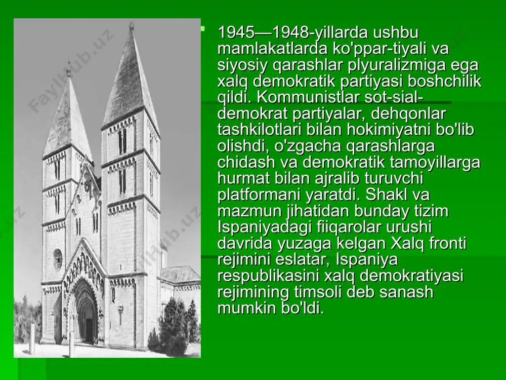 opada yemirildi. stalincha tizimni yaratishga uringan kommunistik partiyalar yana-da katta fojealarga sabab bo'ldi. biroq bu mamlakatlarda amalga oshirilgan hamma ishlarni salbiy deb baholab bo'lmaydi. ular moddiy jihatdan qo'uab-quvvatlanmagan bo'lsa-da, chuqur islo-hotlarni amalga oshirdi. ishsizlik tugatildi. bepul sog'liqni saqlash va ta'lim tizimi, keng xalq ommasining zamonaviy madaniyat va fan yutuqlarini egallashi ularni yevropaning qoloq o'lkalaridan rivojlangan mamlakat-larga aylantirdi. jamiyat bozor iqtisodiga tayyor bo'lmaganligi tufayli bu mamlakatlarning ayrimlarida orqaga qaytish boshlan-di. xalq sotsializm davrida erishgan narsasini yo'qotish-ni istamas edi. vengriya, bolgariya va polshada yangi-langan kommunistik partiyalar erkin demokratik saylovlar natijasida hokimiyat tepasiga keldi. sharqiy yevropa mamlakatlarida navbatdagi siyosiy va ijtimoiy nizolar boshlandi. bular bari sotsializmning ijtimoiy yutuqlari va g'arb demokratiyasining yuqori darajadagi iqtisodini uyg'unlashtirgan jamiyat tizimining muqobil variantini izlab topish yo'lidagi urinishlar nati-jasi edi. qisqacha mazmuni 1945-yil iyun-iyul oxirida sharqiy germaniyada asosiy siyosiy partiyalar — germaniya kommunistik partiyasi (gkp), germaniya sotsial-demokratik partiyasi (gsdp), xristian demokratik ittifoqi (xdi) va germaniya liberal-demokratik partiyasi (gldp) …