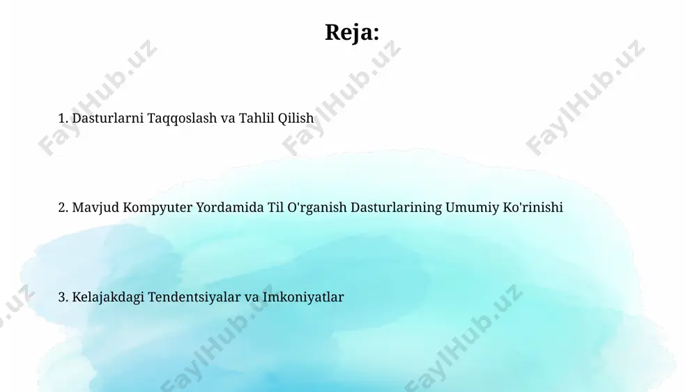 ifada 5-10 ta dastur mavjud. interfeys turi (masalan, veb-asoslangan, mobil ilovalar, desktop dasturlar) bo'yicha tasniflash 2023 yilgi tahlillarga ko'ra, mobil ilovalar sonining keskin o'sishiga olib keldi. mavjud kompyuter yordamida til o'rganish dasturlarining umumiy ko'rinishi ba'zi dasturlar sun'iy intellekt texnologiyalaridan foydalanib, o'quvchilarning individual ehtiyojlariga moslashtirilgan shaxsiylashtirilgan o'quv rejasini yaratadi, natijada o'rganish samaradorligi 20% ga oshadi. ko'plab dasturlar interfaol mashqlar, jumladan, 50 dan ortiq grammatik test va 100 dan ziyod lug'at topshiriqlari bilan ta'minlaydi, bu esa o'quvchilarning lug'at boyligini va grammatik bilimlarini oshirishga yordam beradi. progressni kuzatish va baholash o'quv jarayonining samaradorligini oshirish maqsadida, dastur 7 kunlik intervallarda avtomatik ravishda progressni tahlil qilib, individual natijalar haqida batafsil hisobot yaratadi. dastur, o'quvchilarning har bir mashqdagi to'g'ri javoblar foizini hisoblab, ularning umumiy progressini 0 dan 100 ballgacha bo'lgan shkala asosida ko'rsatadi, shuningdek, zaif tomonlarini aniqlashga yordam beradi. kelajakdagi tendentsiyalar kelajakdagi kompyuterlashtirilgan til o'rganish dasturlarida sun'iy intellektning 30% ga yaqin ulushi ortadi, bu esa shaxsiylashtirilgan …