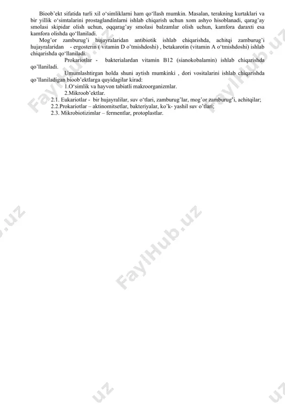 sharoitida terining saqlab qolish vazifasini bajaradigan g’ilof ham bo`ladi. kо‘pchilik mikroorganizmlar uglerod manbasi sifatida organik moddalarni assimlyasiya qiladi. mikroorganizmlar foydalanadigan uglerod manbalariga bog‘liq bо‘lmagan holda, genetik apparati, fiziologik va turlararo о‘ziga xos xususiyatni, muvofiq holda о‘zining biopolimerlar tarkibini tuzadi. mikroorganizmlar hujayrasida uglerod saqlashi о‘rtacha 50% ni tashkil etadi, shuning uchun oziqa muhiti tarkibiga kiruvchi moddalar orasida uglerod manbalari asosiy о‘rinni egallaydi. turli xil mikroorganizm turlari uglerodni har xil uglerod manbalarida о‘zlashtiradilar. avtotrof mikroorganizmlar, yagona uglerod manbasi sifatida uglerod ikki oksididan foydalanadi. geterotrof mikroorganizmlar uchun uglerod manbasi sifatida, turli xil organik birikmalar: uglevodlar, spirtlar, organik kislotalar, lipidlar, uglevodorodlar va boshqa uglerod saqlovchi mahsulotlar xizmat qilishi mumkin. mikroorganizmlar azot oziqasi uglerodga yaqinroq bо‘lib undan hajmiga nisbatan kamroq bо‘ladi. elementlarni tahlili shuni kо‘rsatadiki, mikroorganizmlar tarkibida azot, uglerodga nisbatan 5-6 marta kamroq bо‘ladi. mikroorganizmlar о‘zlashtirgan uglerodlarini energetik maqsadlarda sarflaydi. shuning uchun mikroorganizmlar oziqa muhiti tarkibida azotga nisbatan uglerod manbalarini kо‘proq saqlashi lozim. mikroorganizmlar azotni …