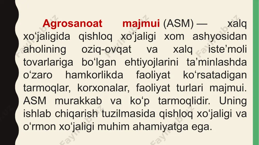 oʻl-transport xoʻjaligi, moddiy-texnika taʼminoti, elektr, gaz, suv taʼminoti, aloqa, omborxona eleva-tor xoʻjaligi, ulgurji va taqsimot bazalari va boshqalar). 4.infratuzilma. ixtisoslashgan oliy oʻquv yurtlari, mutaxassislar va rahbar xodimlar malakasini oshirish fakultetlari, ixtisoslashgan texnikum va ishlab chiqarish-texnika bilim yurtlari, tarmoq ilmiy tadqiqot instituti va laboratoriyalari, iib, loyiha va institutlari hamda tashkilotlari, konstruktorlik byurolari, tajriba va davlat sinov stansiyalari tizimi asmni shakllantiradigan tarmoqlar qatorida turadi ushbu soha o’z navbatida 2 guruhga bo’linadi. 1.ishlab chiqarish infratuzilmasi 2.ijtimoiy infratuzilma asm hududiy xususiyatlar va ishlab chiqarayotgan eng muhim pirovard mahsulotiga qarab tizimlarga boʻlinadi. hududiy xususiyatiga koʻra mamlakat va viloyat, tuman asm mavjud. ishlab chiqarayotgan pirovard mahsulot boʻyicha don, paxta, meva-sabzavot, chorvachilik va boshqa majmuaga boʻlinadi. oʻzbekiston tarixan rivojlangan paxtachilik, suv xoʻjaligi, mashinasozlik zavodlari, oʻgʻit va pestitsidlar ishlab chiqaradigan zavodlar, paxta tozalash korxonalari, yogʻ-ekstraksiya zavodlari, toʻqimachilik sanoati, ixtisoslashgan ilmiy muassasalarga ega. oʻzbekiston respublikasi iqtisodiyotida asm hissasiga yalpi mahsulotning 50% dan ortiqrogʻi, asosiy ishlab chiqarish fondlarining 40% dan …