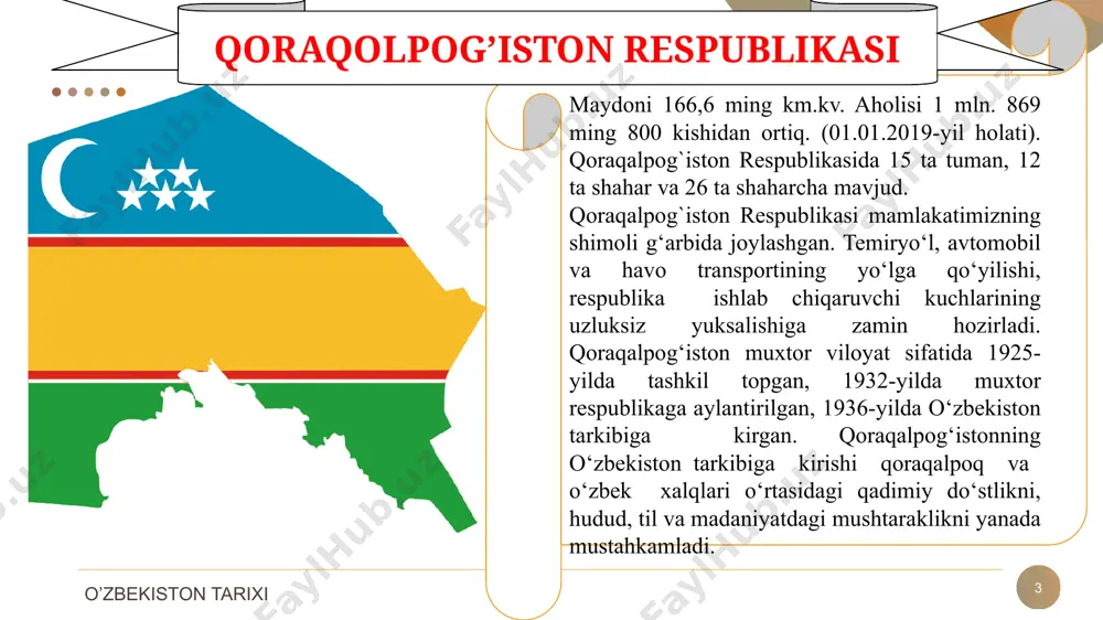 ka ijtimoiy taraqqiyotiga ajratildi. 50% esa tadbirkorlarni qo’llab-quvvatlash maqsadida imtiyozli kreditlar ajratishga sarflandi. qoraqalpog’istonda 51 ta mayda ulgurji tizim 4 ta savdo uyi 35 ta mayda ulgurji savdo do’konlari va omborlar 32 ta ko‘tara savdo bazasi o‘zbekiston tovar xom ashyo birjasining qoraqalpog’iston bo‘limi, 19 ta supermarket do‘konlari faoliyati yo’lga qo’yildi 9 yirik sanoat korxonalari 1993-yili nukusda “kateks” to‘qimachilik majmuasi 1995-yili ellikqal’a tumanida “elteks” to‘qimachilik majmuasi 1995-yilda xo‘jayli shahrida shisha idishlar zavodi 1996-yilda qo‘ng‘irotda “urga” gaz sanoati kompleksi nukusun spirt zavodi qo’ng’irot soda zavodi 10 ustyurt gaz-kimyo kombinati. 2012 – yil 2014-yili nufuzli “infrastructure journal” xalqaro nashri mazkur loyiha qurilishini “2014-yilning neft-gaz sohasidagi eng yirik bitimi”, deb e’lon qildi. umumiy qiymati 4 milliard aqsh dollarini tashkil etgan bu mashhur loyiha amalga oshirilishi mamlakatimiz sanoati rivojini yangi bosqichga ko‘tarishi shubhasiz. hozir bu yerda yiliga 4,5 milliard kub metr gaz qayta ishlanmoqda. buning samarasida xalqimiz ehtiyoji va eksport uchun 3,7 milliard kub metr …