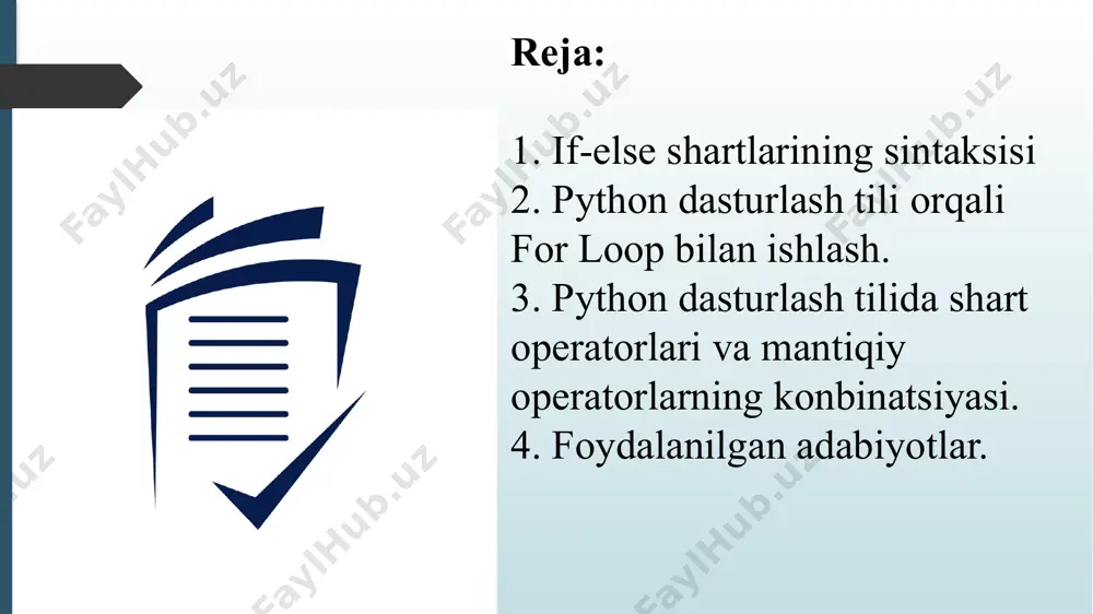 , son kiriting: ")) if not son % 2 == 0: print("son toq") else: print("son juft") bu yerda and operatori ikki shartni bog‘laydi: son 10 dan katta va 20 dan kichik bo‘lishi kerak. agar har ikkala shart ham to‘g‘ri bo‘lsa, if sharti bajariladi. bu yerda or operatori ikkita shartdan birortasi to‘g‘ri bo‘lganda if blokini bajaradi. agar son 5 dan kichik yoki 15 dan katta bo‘lsa, u holda xabar chiqariladi. bu yerda not operatori son % 2 == 0 shartini inkor qilib, natijani teskarisiga o‘zgartiradi. agar son toq bo'lsa, shart to'g'ri bo'ladi va “son toq” xabari chiqadi. masala: foydalanuvchi kiritgan sonni analiz qilib, quyidagi shartlarni bajarishi kerak: agar son musbat bo‘lsa va juft bo‘lsa, “son musbat va juft” degan xabar chiqsin. agar son musbat bo‘lsa va toq bo‘lsa, “son musbat va toq” degan xabar chiqsin. agar son manfiy bo‘lsa va toq bo‘lsa, “son manfiy va toq” degan xabar chiqsin. agar son …